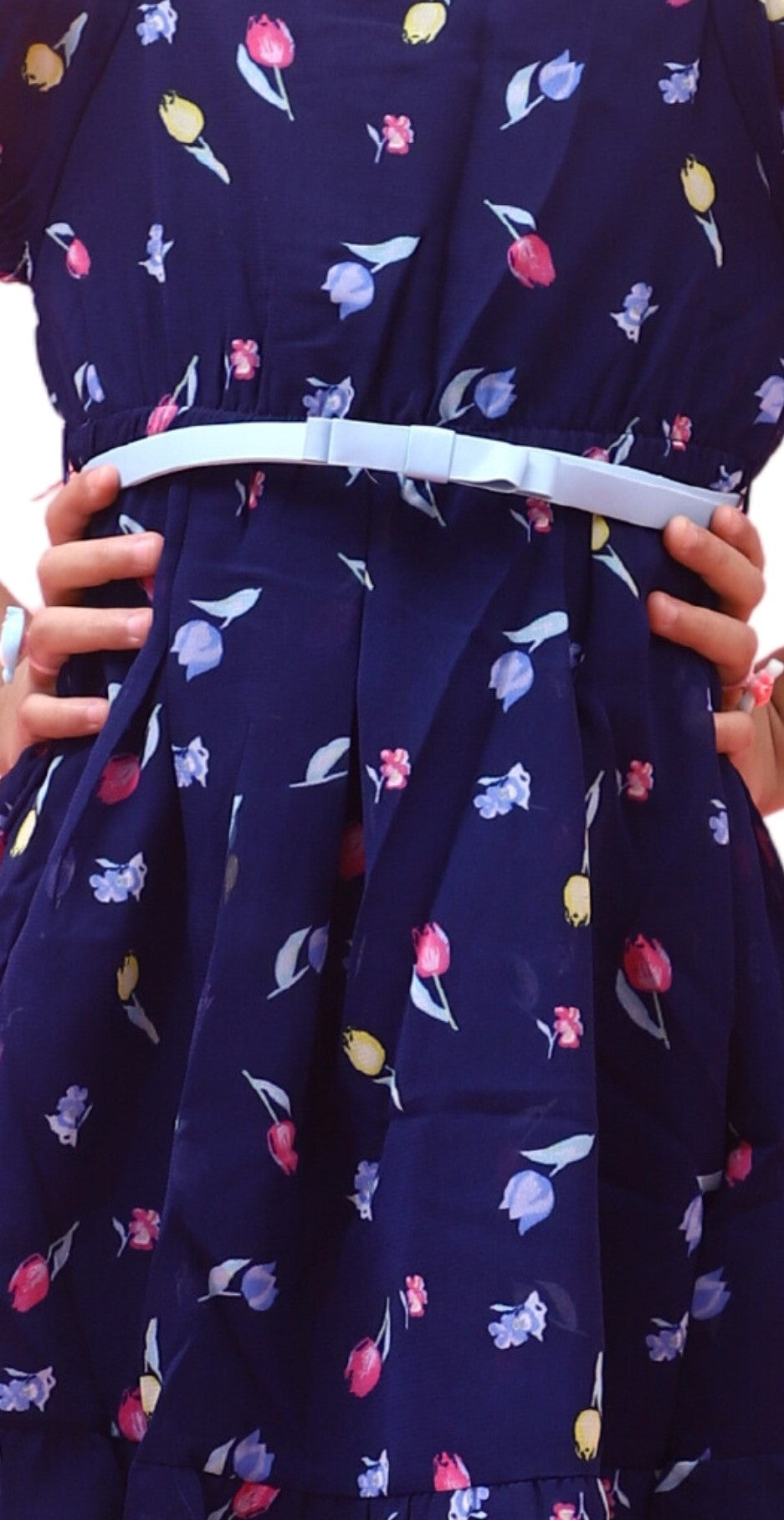 NUEVOSKIDDOS Kids Floral Printed Puff Sleeves Georgette Frock with Adjustable Belt for Girl Navy Blue