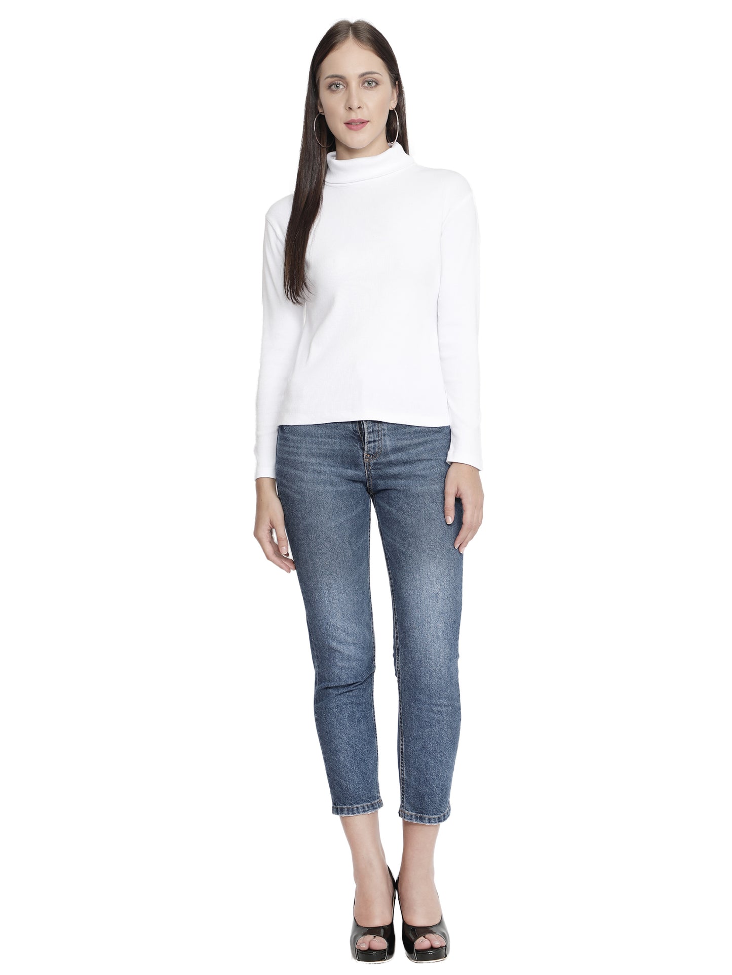 Women Roll-Up Ribbed Solid High Neck Tops Turtle Neck Top for Women