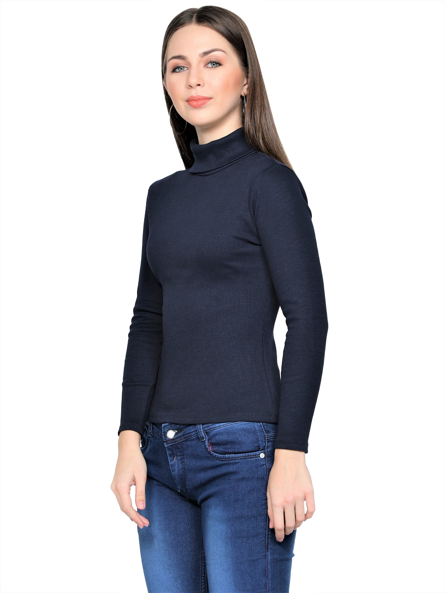 Women Roll-Up Ribbed Solid Blue High Neck Tops Turtle Neck Top for Women