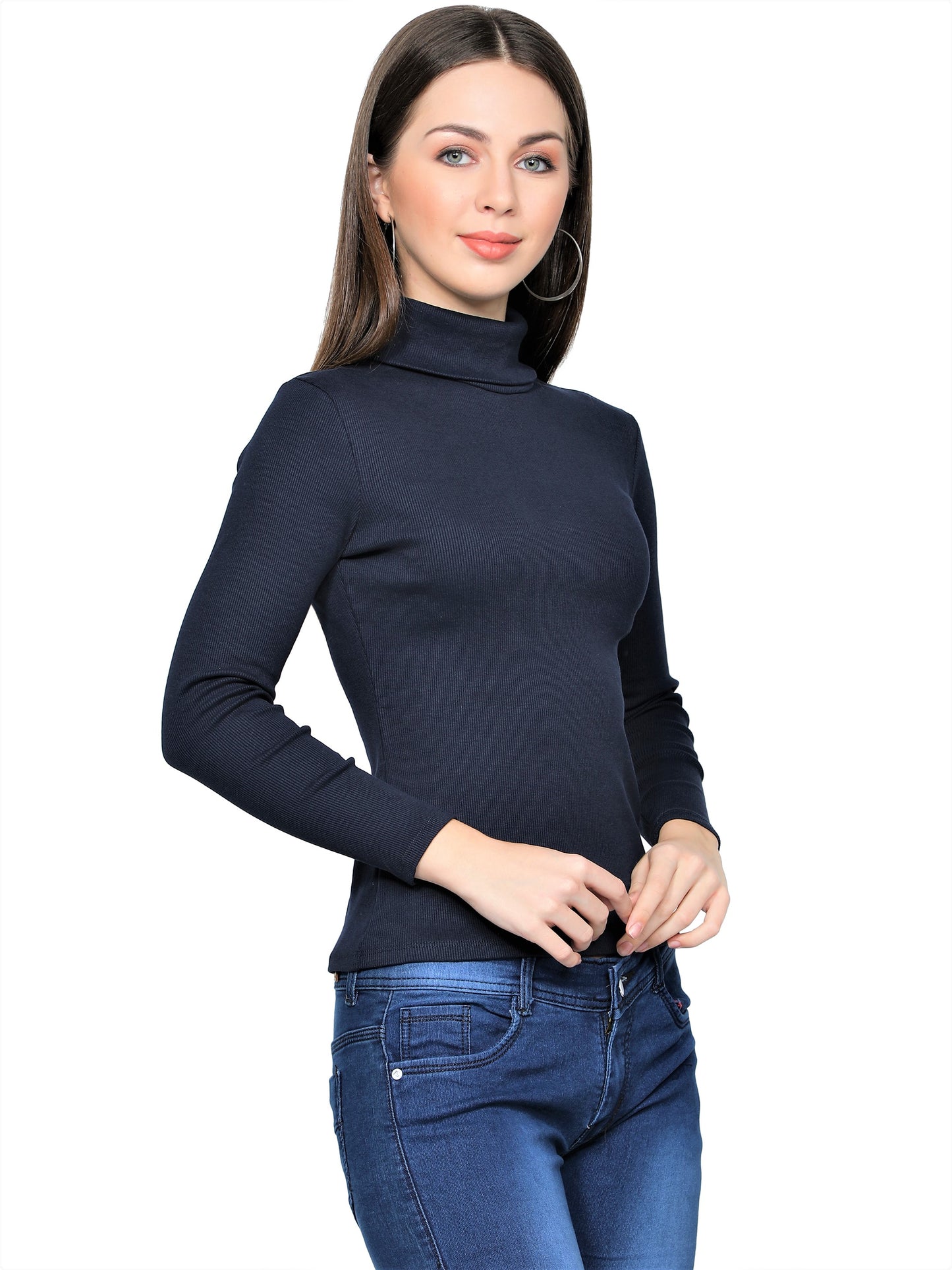 Women Roll-Up Ribbed Solid Blue High Neck Tops Turtle Neck Top for Women