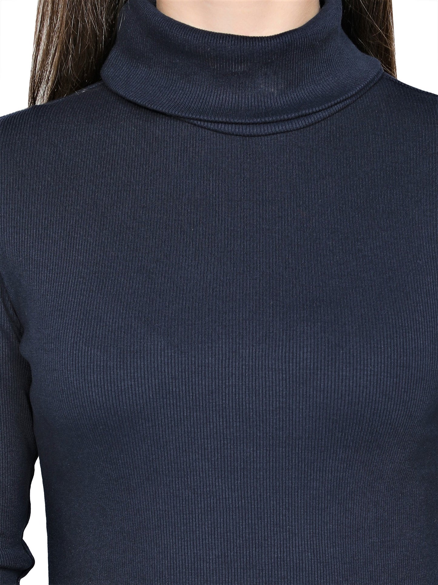 Women Roll-Up Ribbed Solid Blue High Neck Tops Turtle Neck Top for Women
