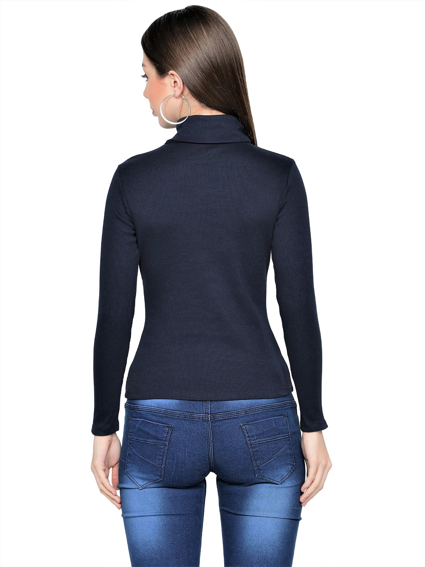Women Roll-Up Ribbed Solid Blue High Neck Tops Turtle Neck Top for Women