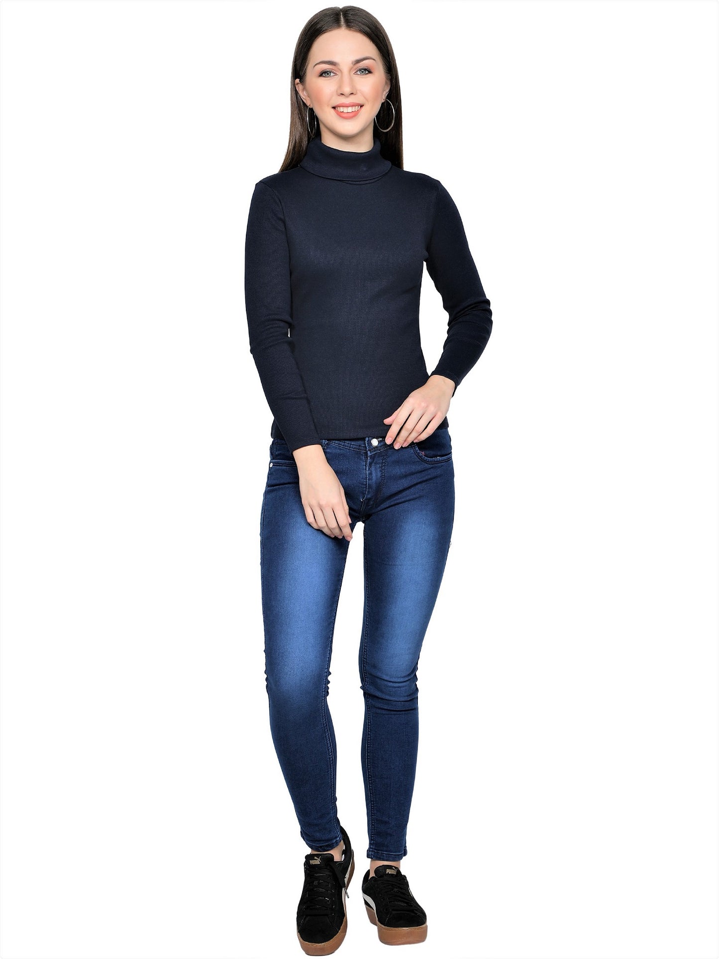 Women Roll-Up Ribbed Solid Blue High Neck Tops Turtle Neck Top for Women