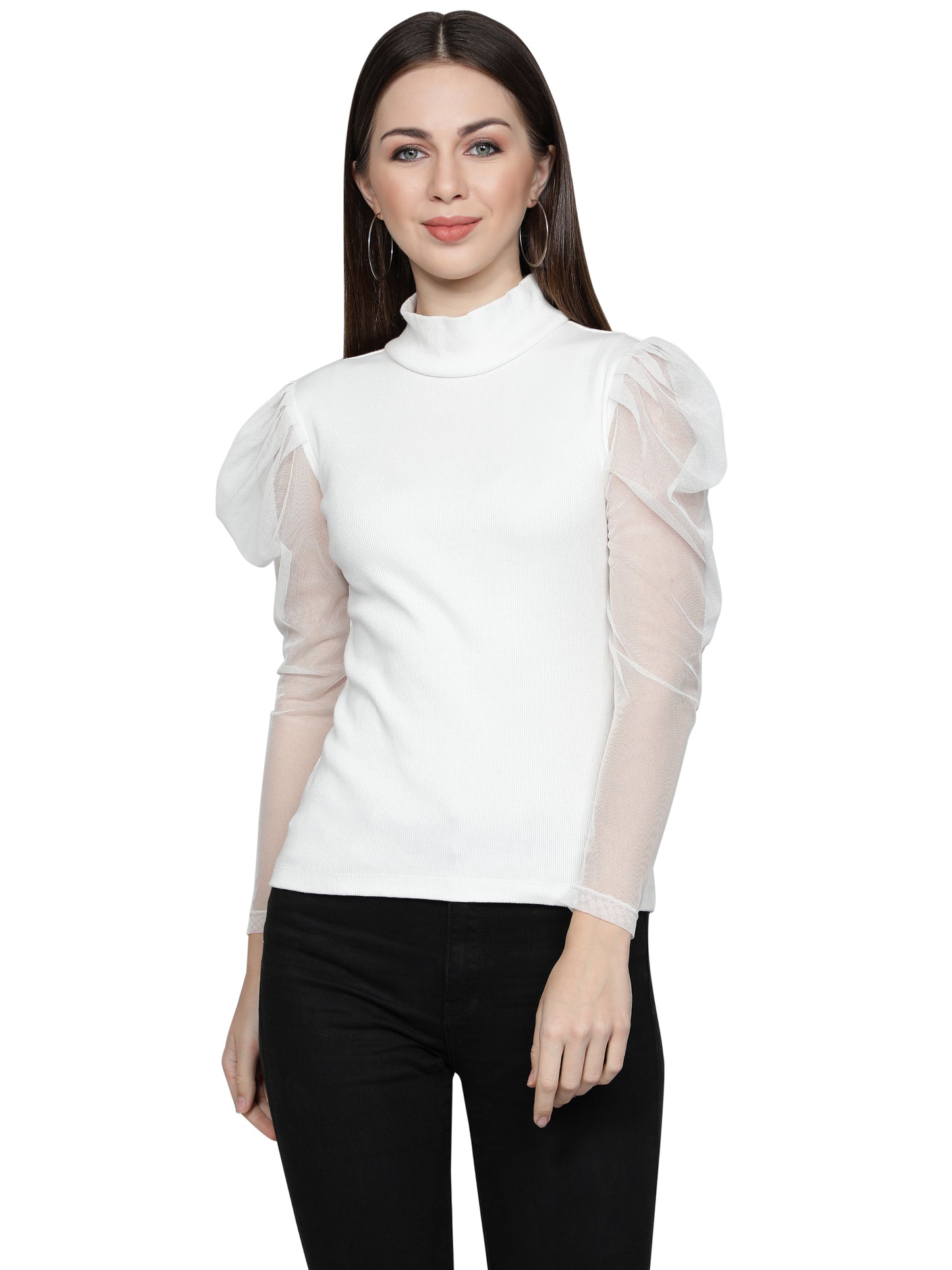 Women Roll-Up with Net Sleeves Ribbed Solid White High Neck Tops Turtle Neck Top for Women