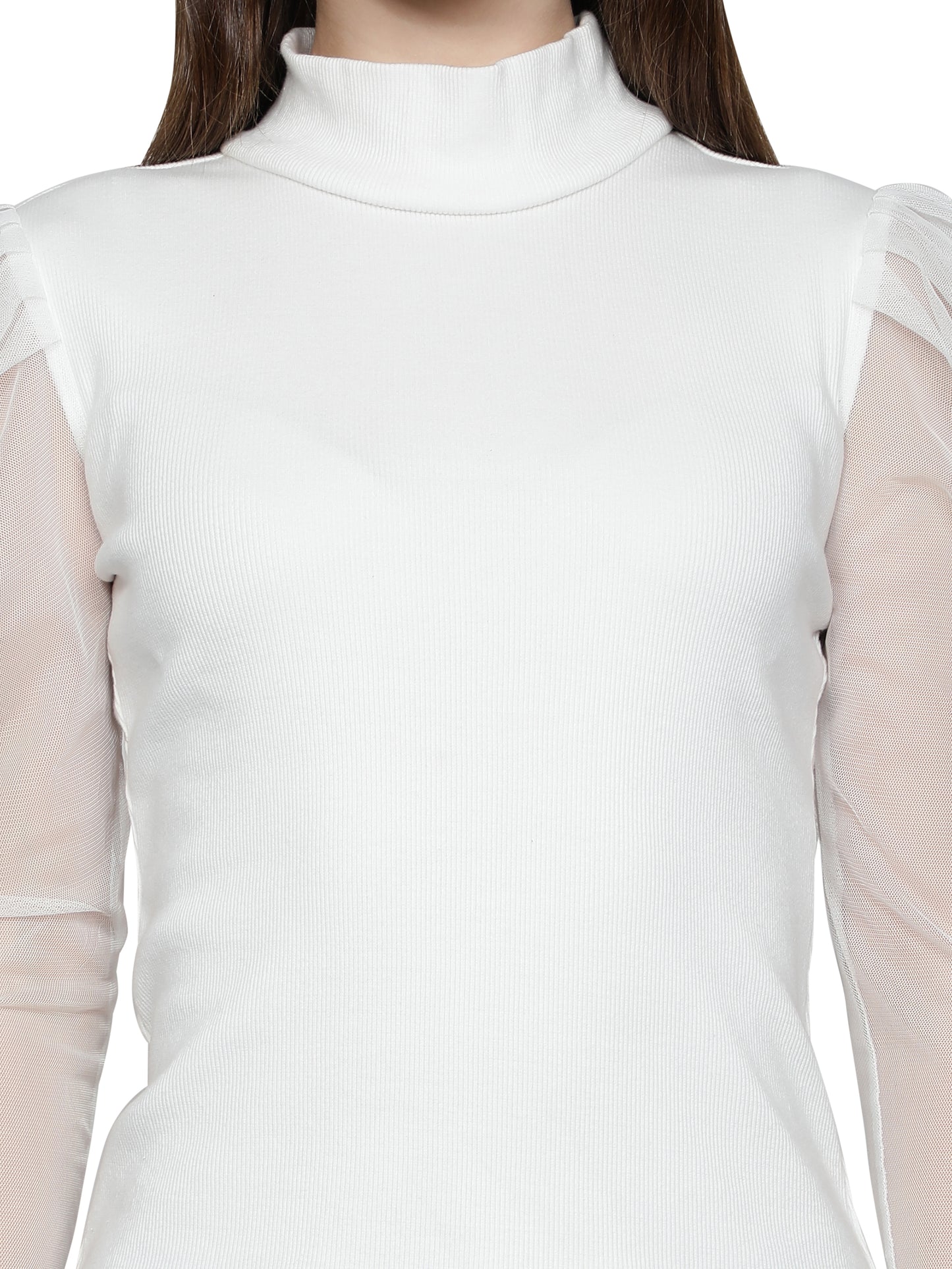 Women Roll-Up with Net Sleeves Ribbed Solid White High Neck Tops Turtle Neck Top for Women