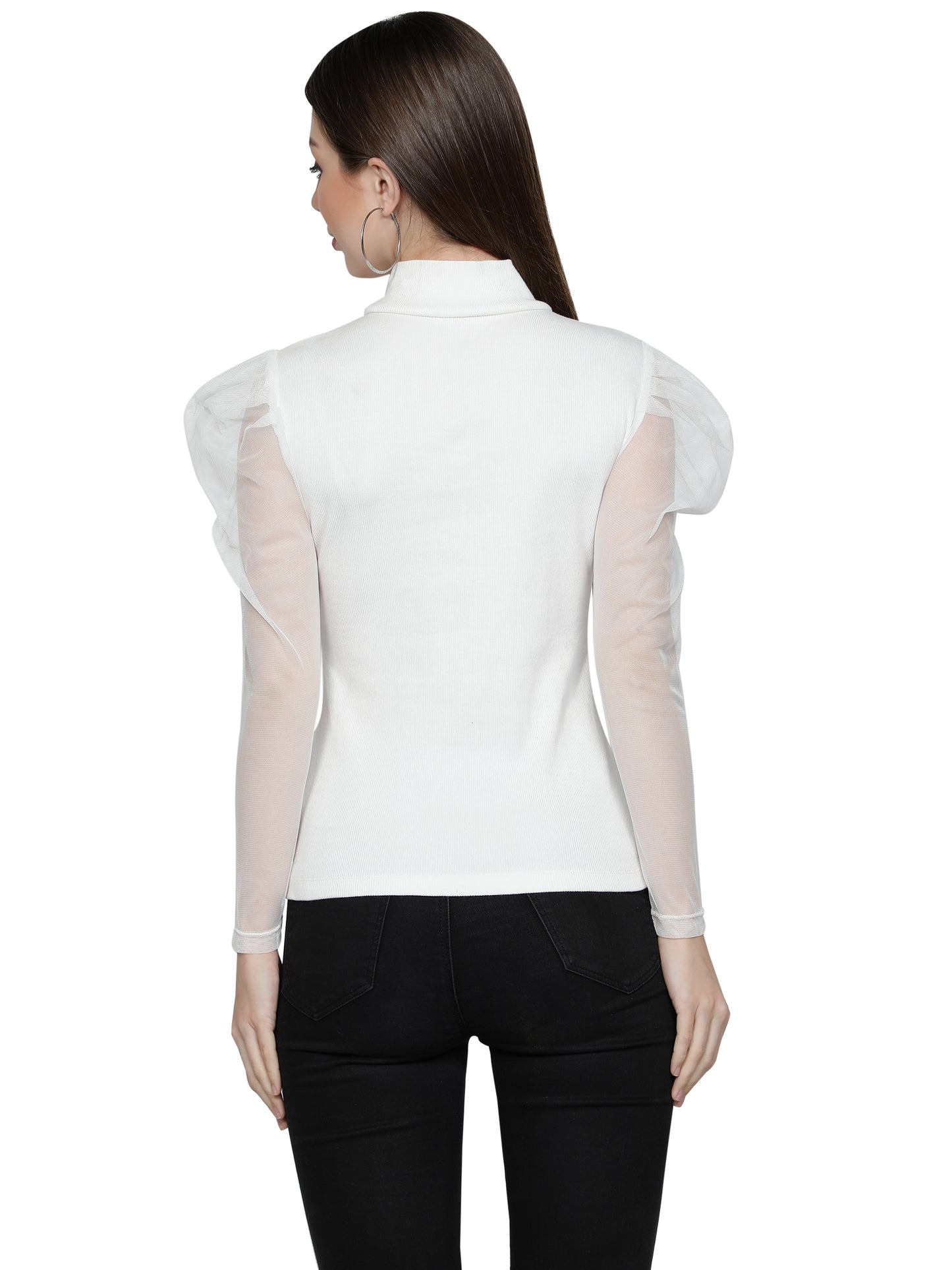 Women Roll-Up with Net Sleeves Ribbed Solid White High Neck Tops Turtle Neck Top for Women