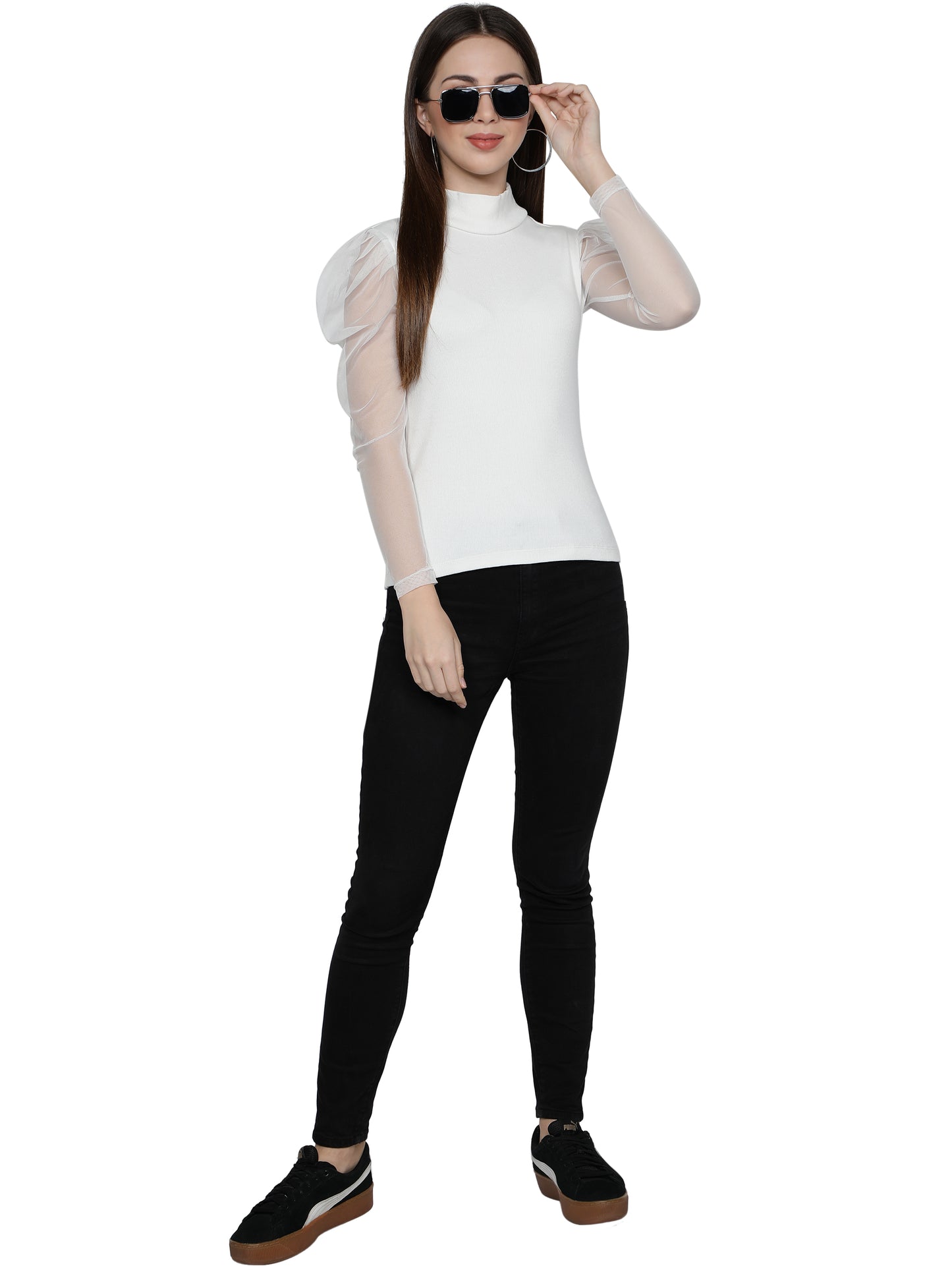 Women Roll-Up with Net Sleeves Ribbed Solid White High Neck Tops Turtle Neck Top for Women