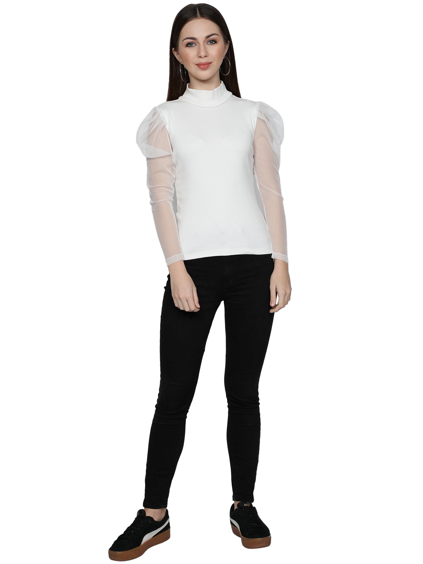 Women Roll-Up with Net Sleeves Ribbed Solid White High Neck Tops Turtle Neck Top for Women