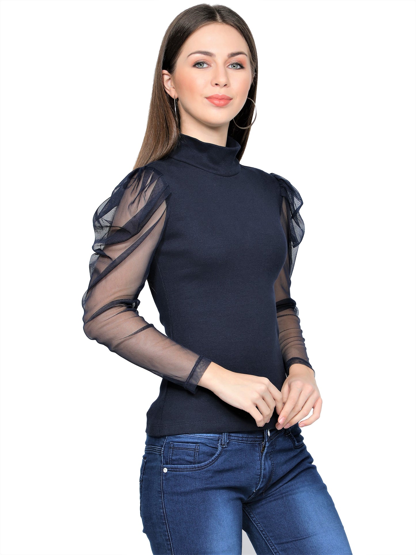 Women Roll-Up with Net Sleeves Ribbed Solid Navy Blue High Neck Tops Turtle Neck Top for Women