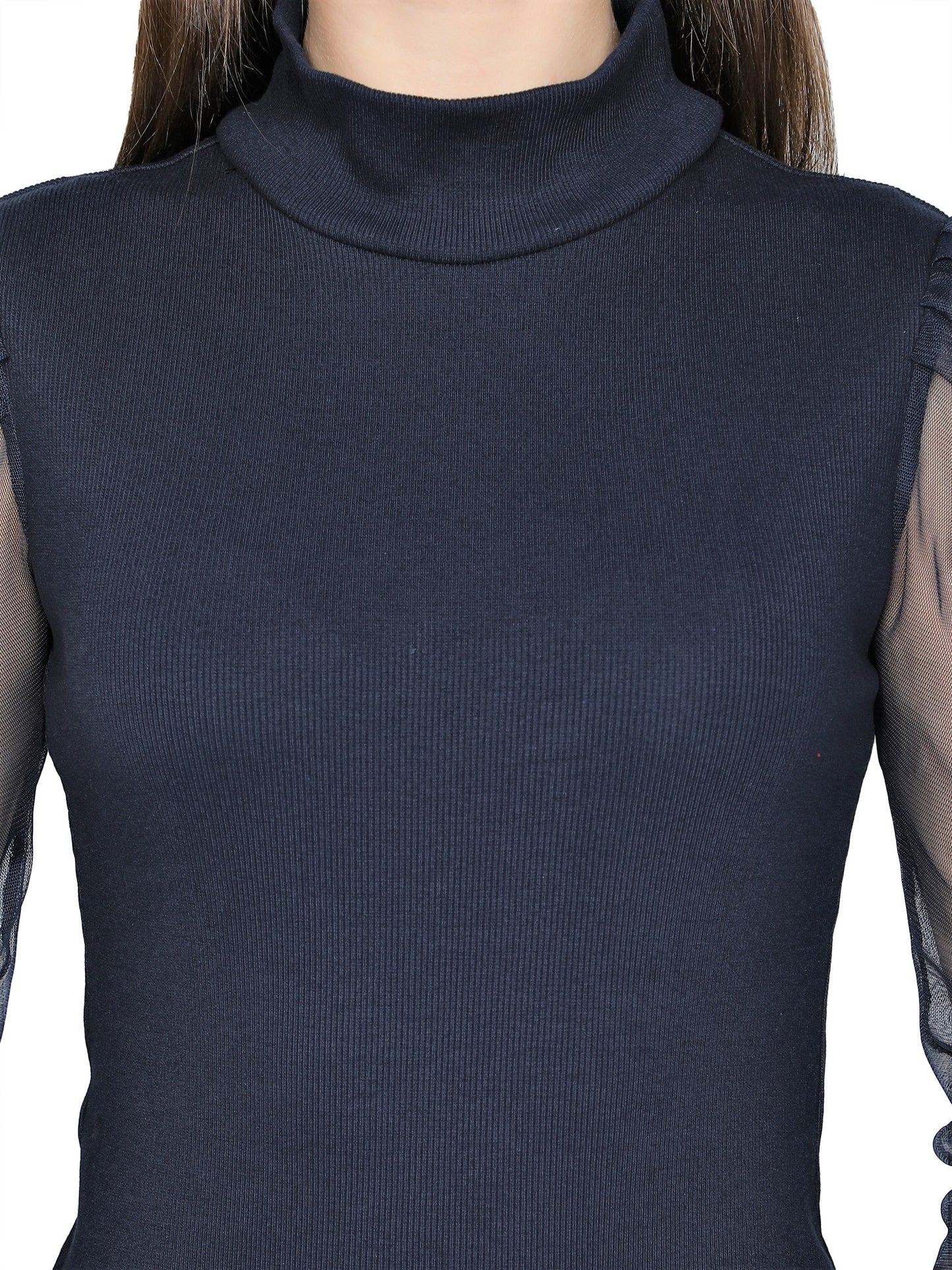Women Roll-Up with Net Sleeves Ribbed Solid Navy Blue High Neck Tops Turtle Neck Top for Women