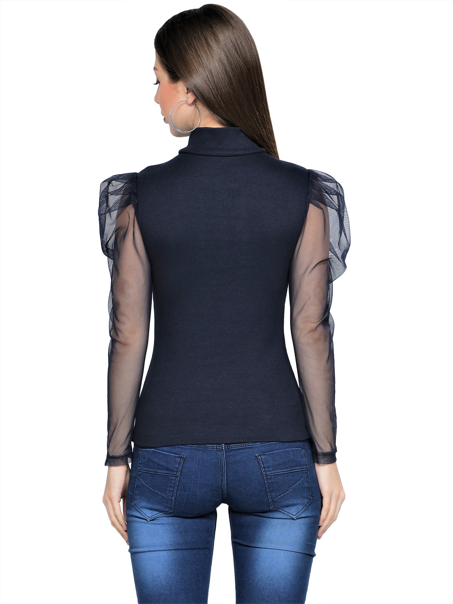 Women Roll-Up with Net Sleeves Ribbed Solid Navy Blue High Neck Tops Turtle Neck Top for Women