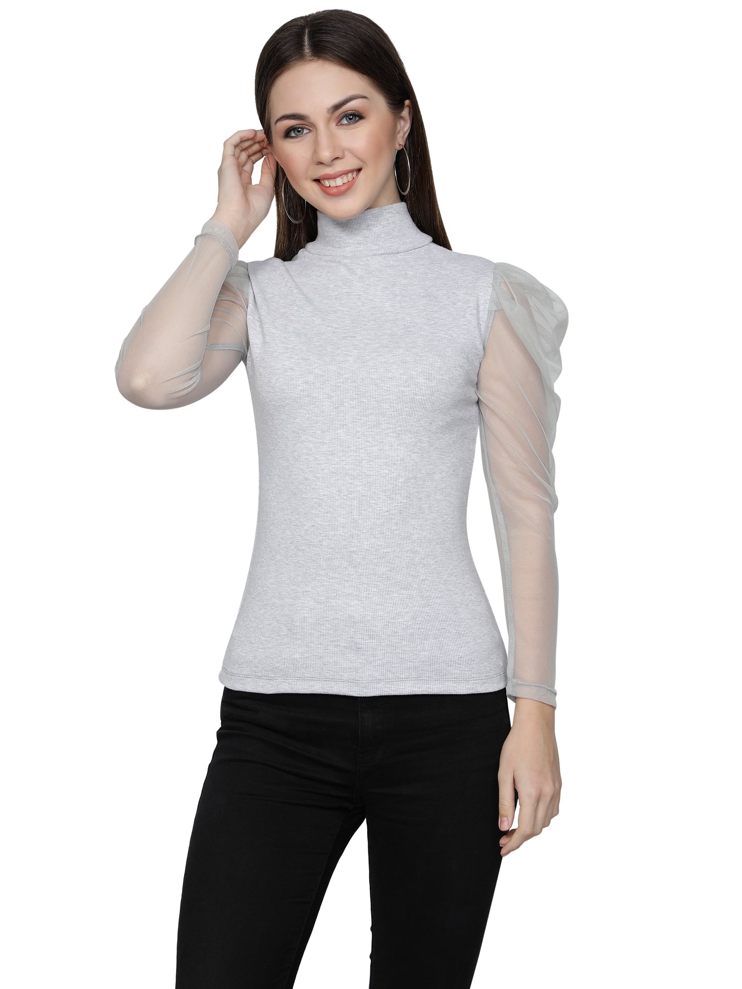 omen Roll-Up with Net Sleeves Ribbed Solid Light Grey High Neck Tops Turtle Neck Top for Women