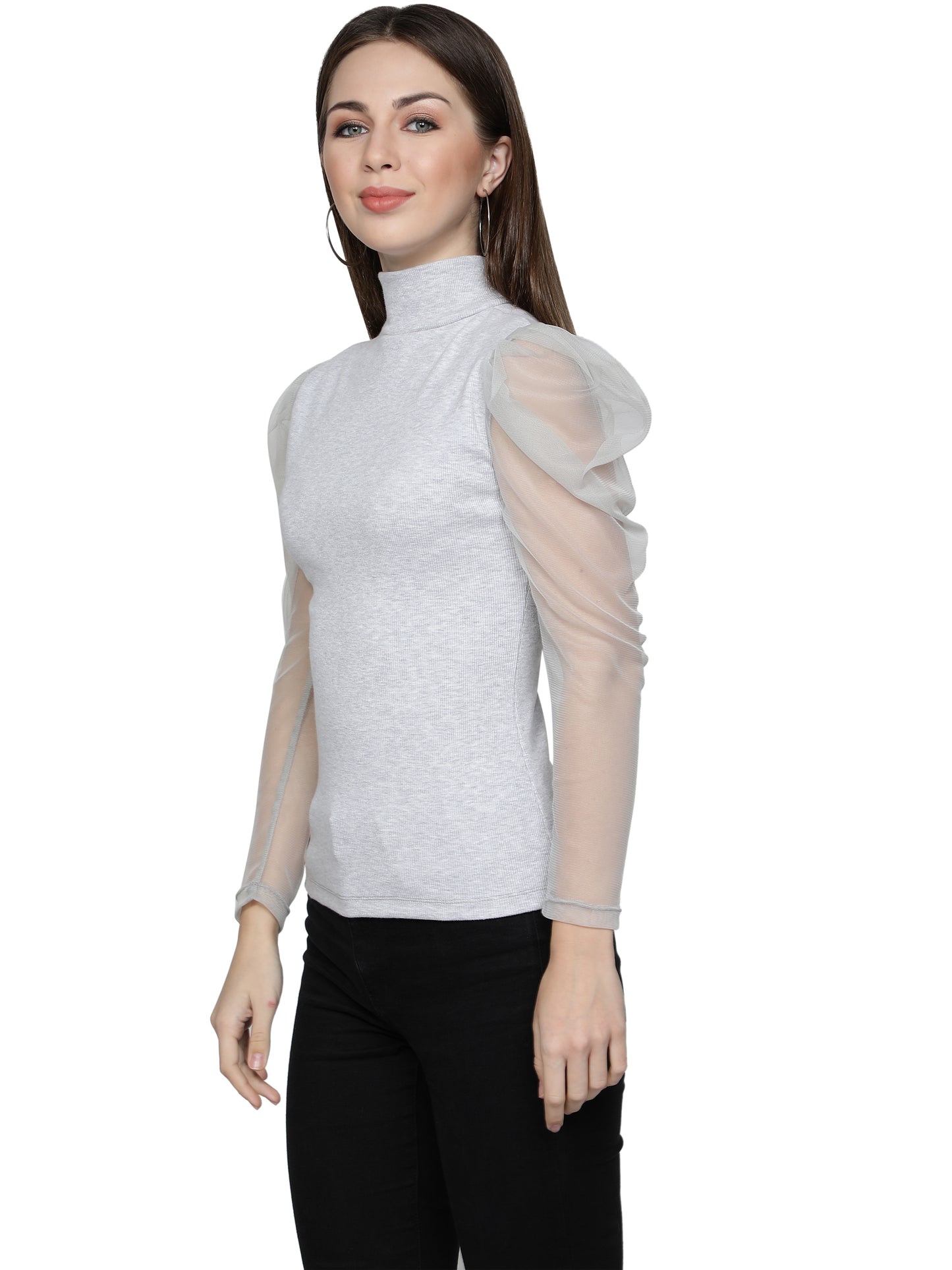omen Roll-Up with Net Sleeves Ribbed Solid Light Grey High Neck Tops Turtle Neck Top for Women
