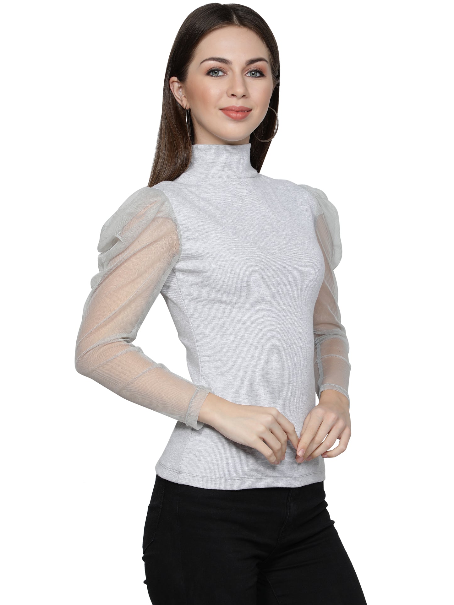 omen Roll-Up with Net Sleeves Ribbed Solid Light Grey High Neck Tops Turtle Neck Top for Women