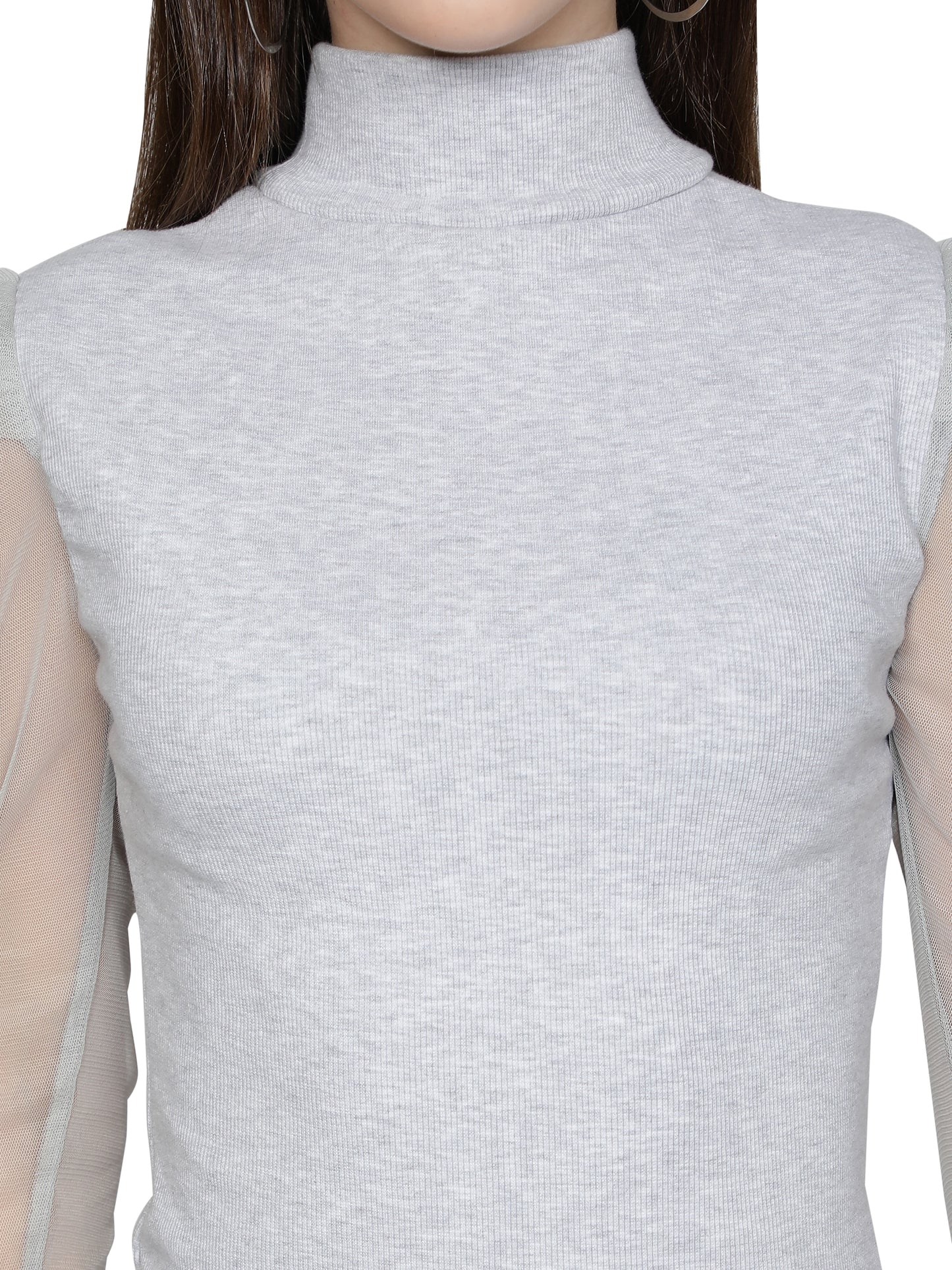 omen Roll-Up with Net Sleeves Ribbed Solid Light Grey High Neck Tops Turtle Neck Top for Women