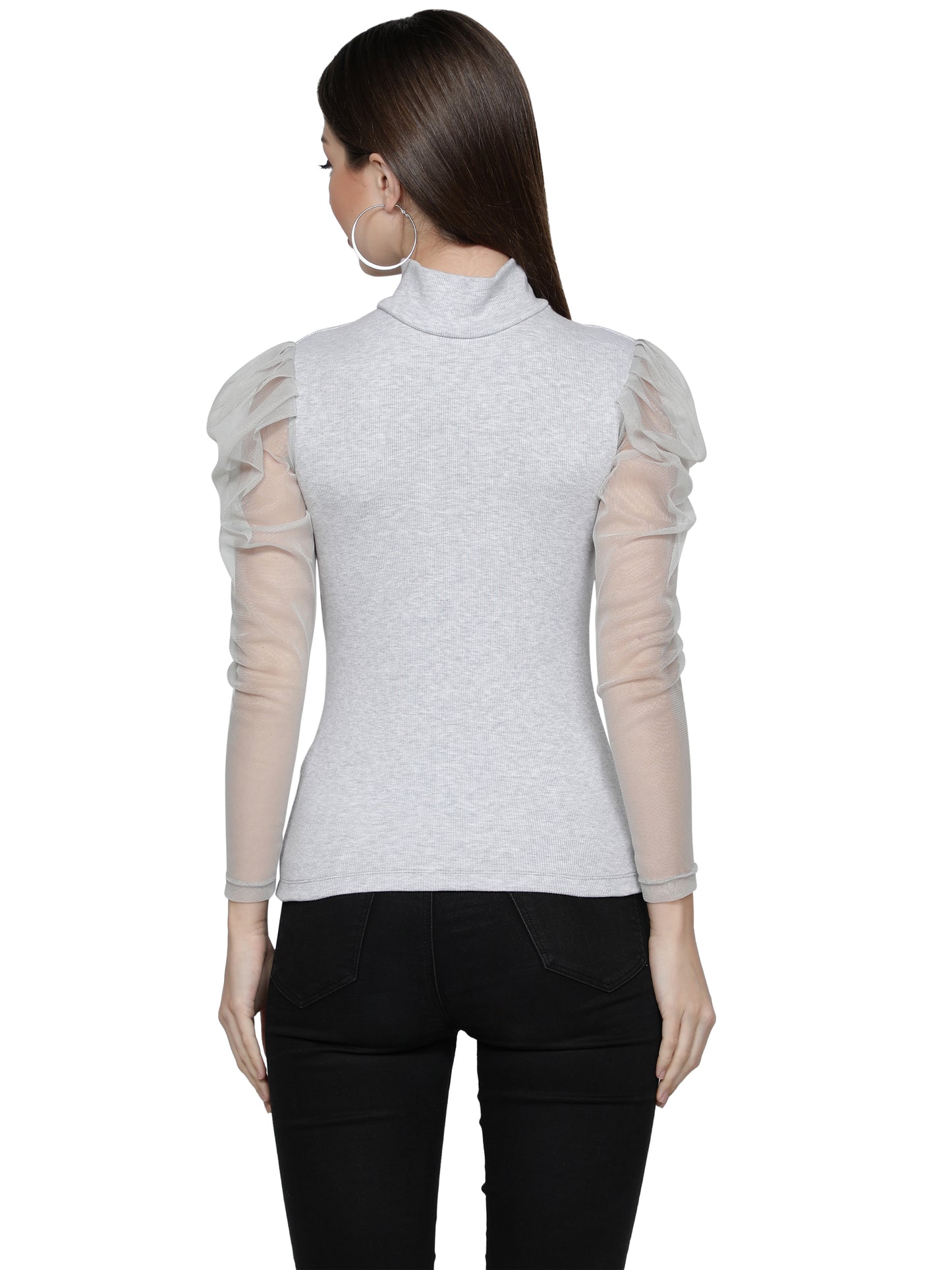 omen Roll-Up with Net Sleeves Ribbed Solid Light Grey High Neck Tops Turtle Neck Top for Women