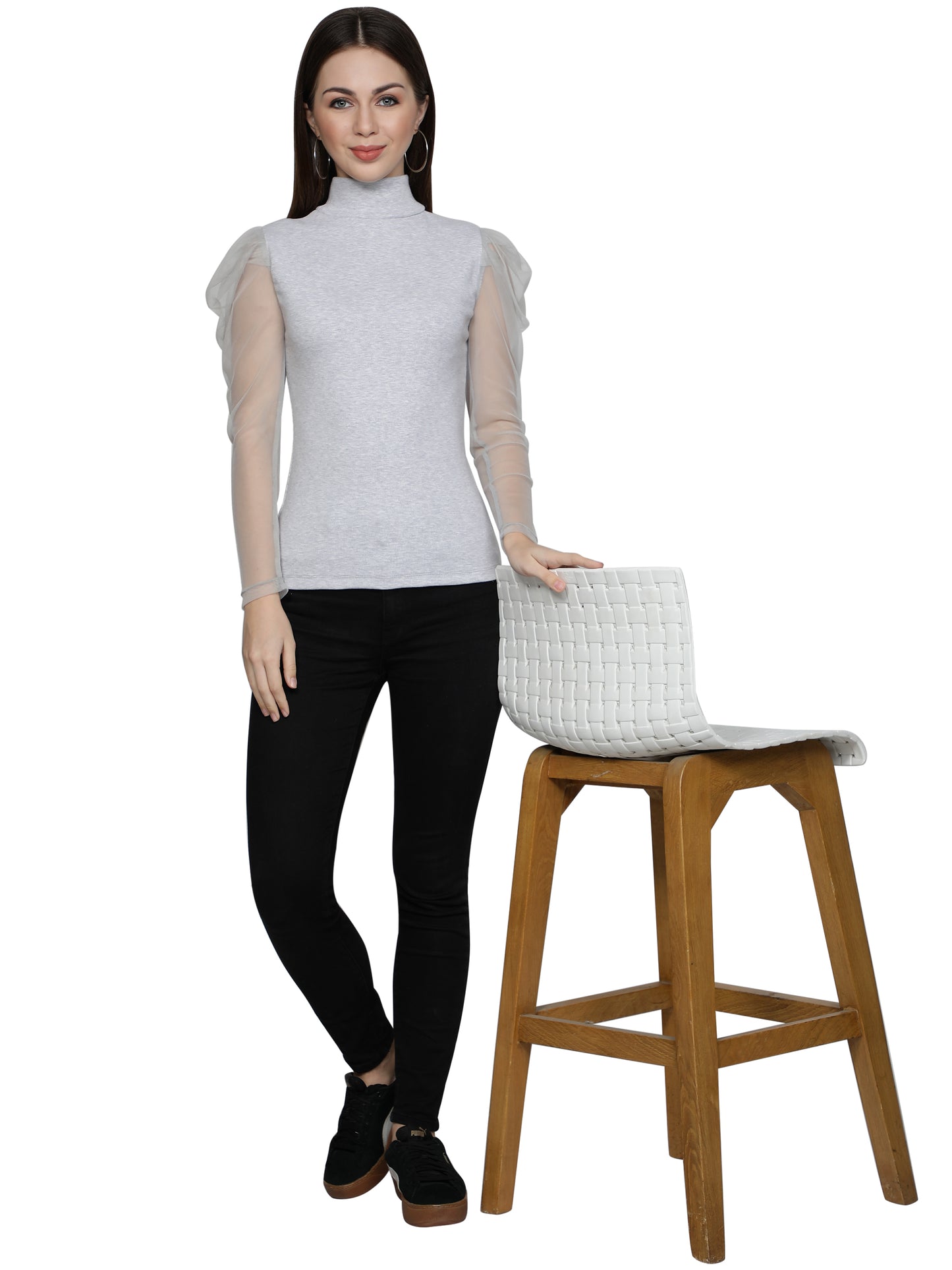 omen Roll-Up with Net Sleeves Ribbed Solid Light Grey High Neck Tops Turtle Neck Top for Women