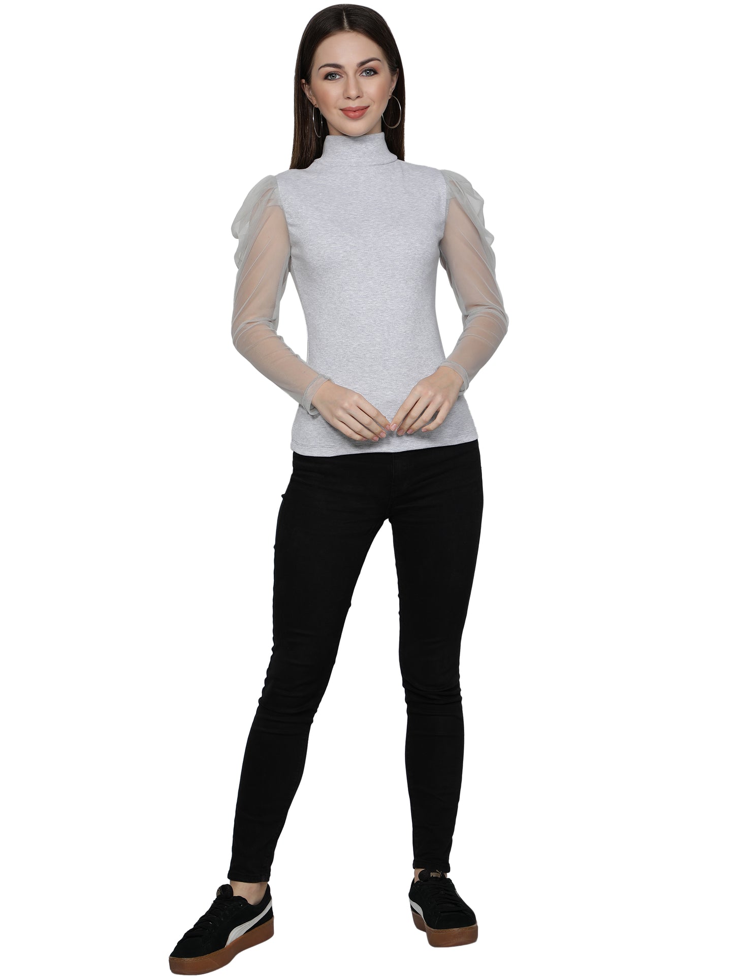 omen Roll-Up with Net Sleeves Ribbed Solid Light Grey High Neck Tops Turtle Neck Top for Women