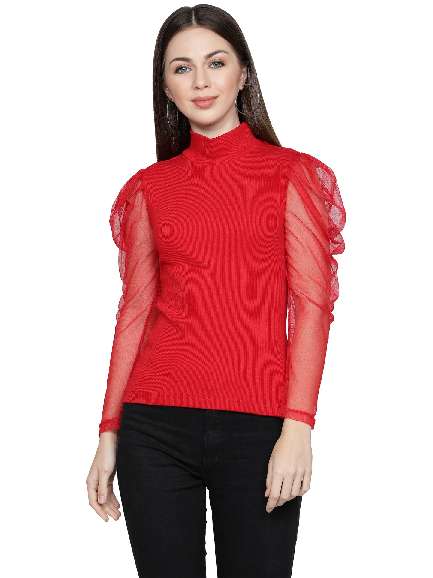 Women Roll-Up with Net Sleeves Ribbed Solid Red High Neck Tops Turtle Neck Top for Women