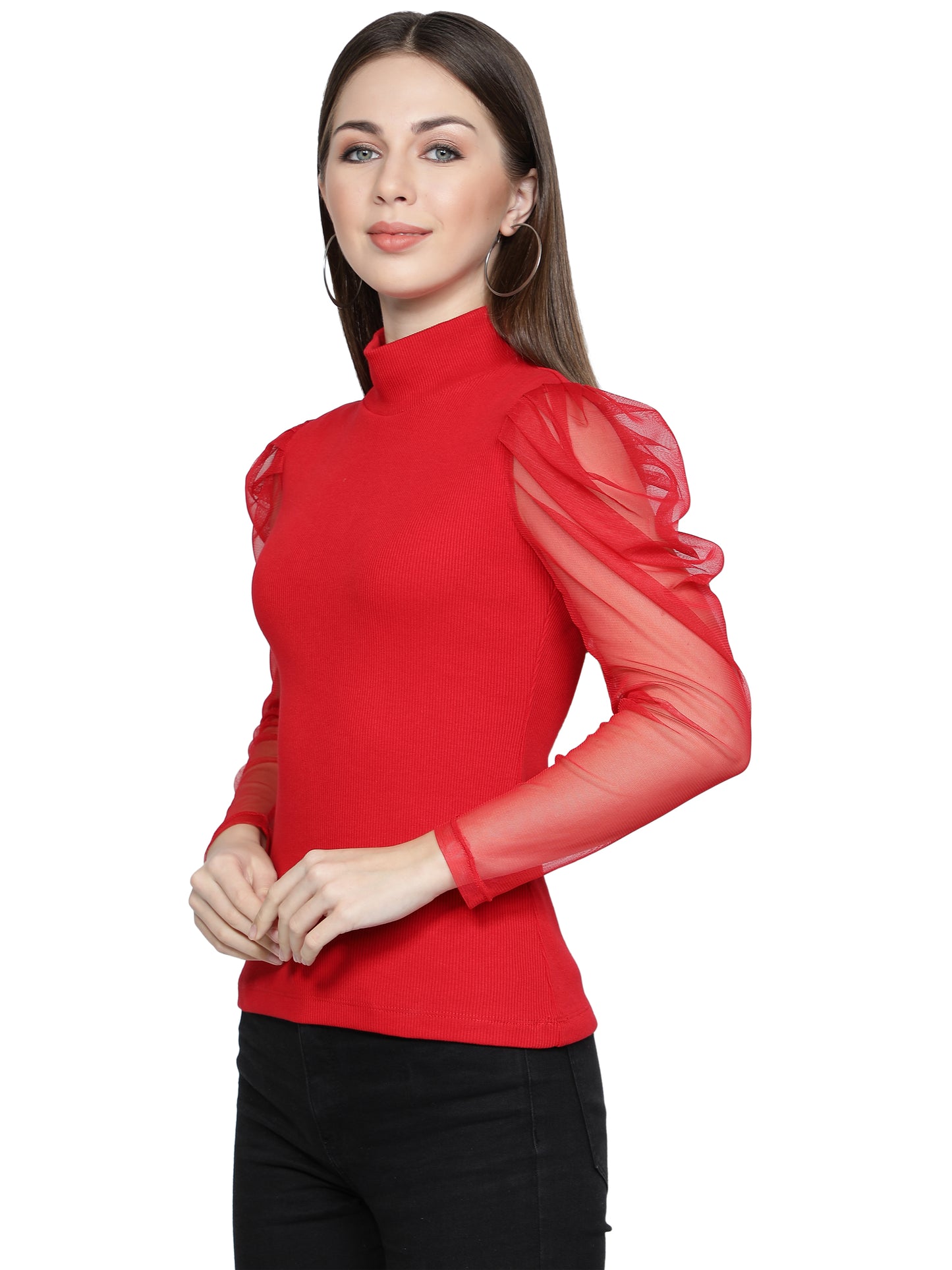 Women Roll-Up with Net Sleeves Ribbed Solid Red High Neck Tops Turtle Neck Top for Women