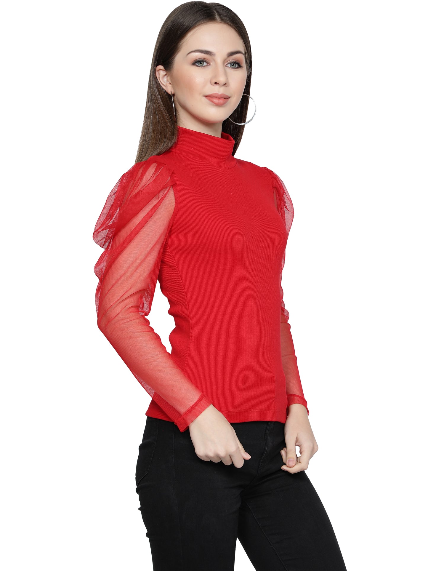 Women Roll-Up with Net Sleeves Ribbed Solid Red High Neck Tops Turtle Neck Top for Women