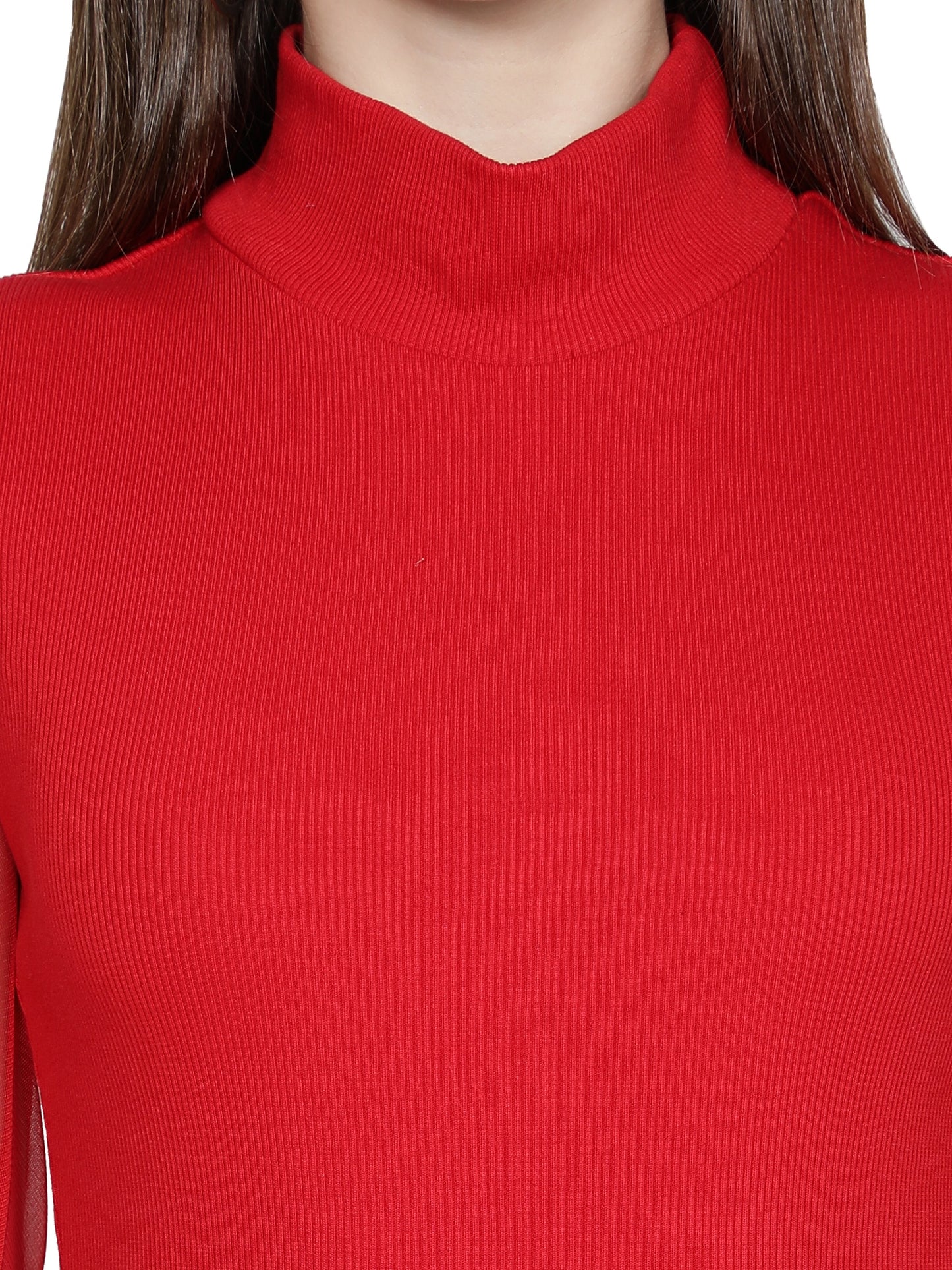 Women Roll-Up with Net Sleeves Ribbed Solid Red High Neck Tops Turtle Neck Top for Women