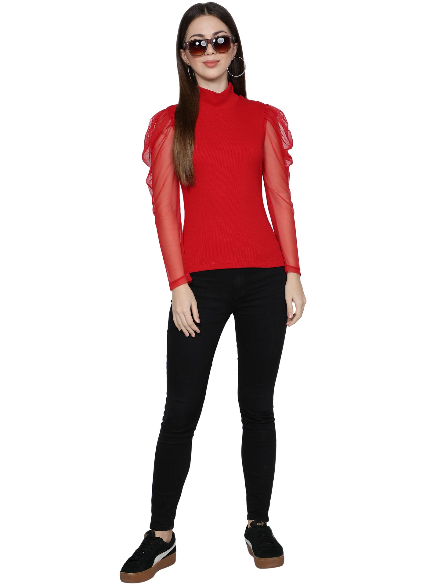 Women Roll-Up with Net Sleeves Ribbed Solid Red High Neck Tops Turtle Neck Top for Women