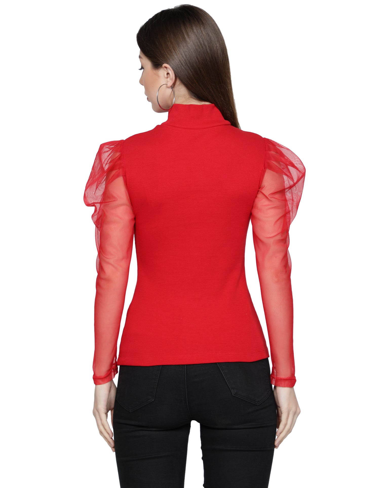 Women Roll-Up with Net Sleeves Ribbed Solid Red High Neck Tops Turtle Neck Top for Women