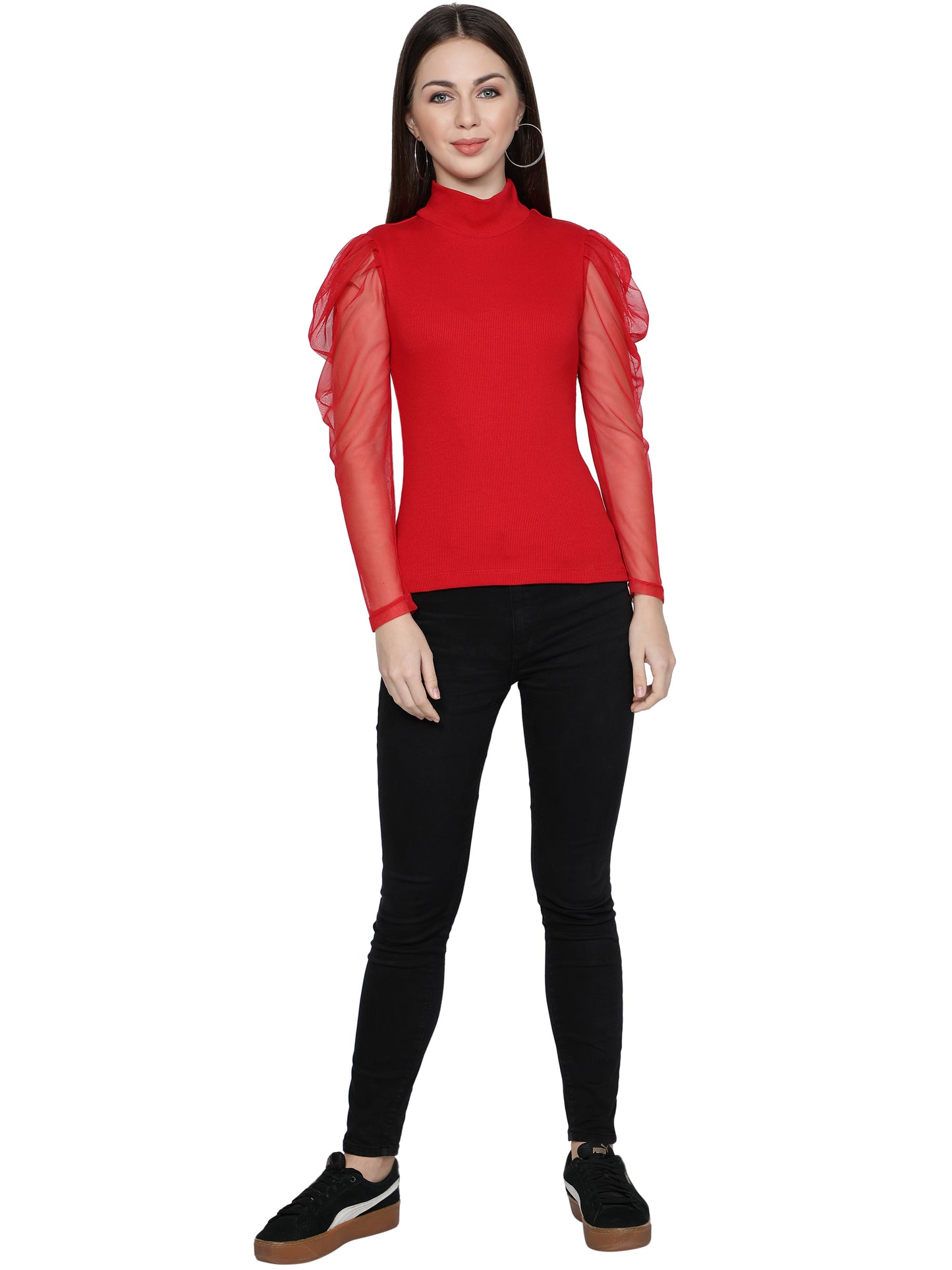 Women Roll-Up with Net Sleeves Ribbed Solid Red High Neck Tops Turtle Neck Top for Women