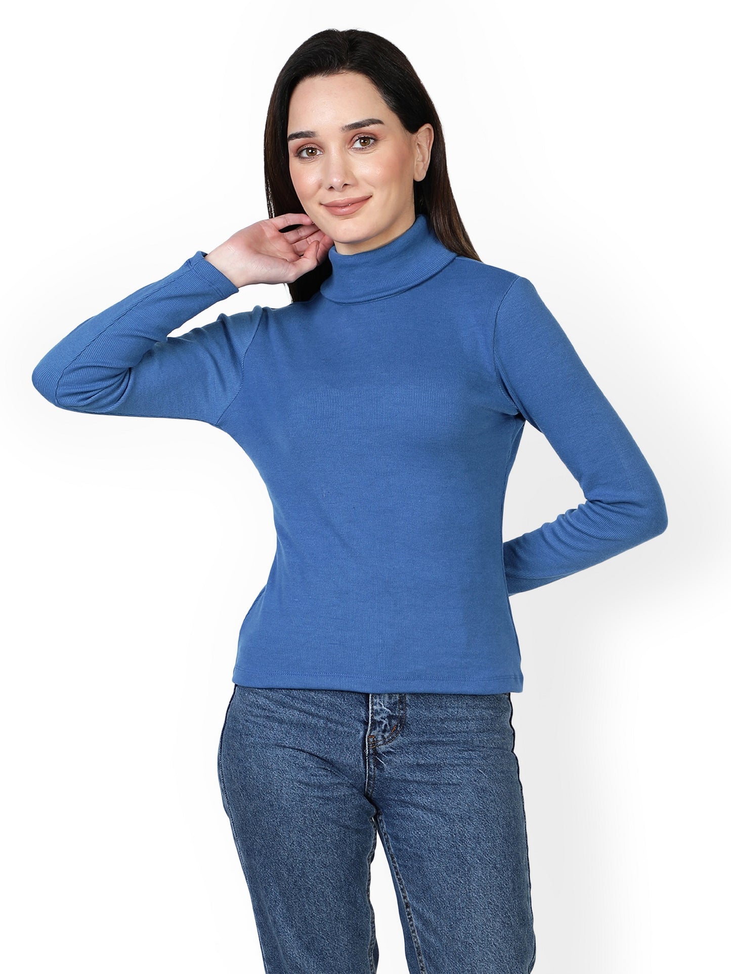 Women Roll-Up Ribbed Solid Blue High Neck Tops Turtle Neck Top for Women