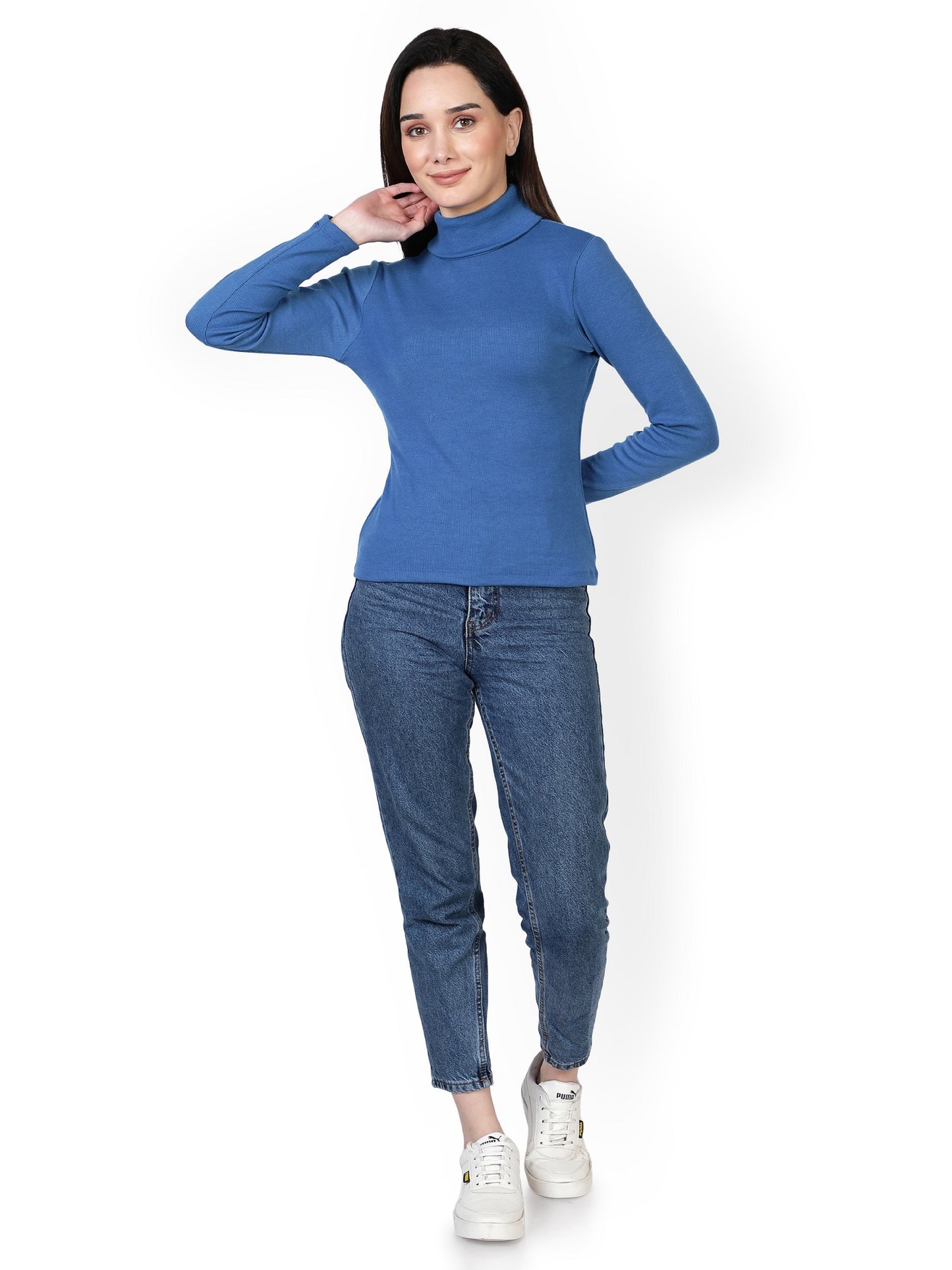 Women Roll-Up Ribbed Solid Blue High Neck Tops Turtle Neck Top for Women
