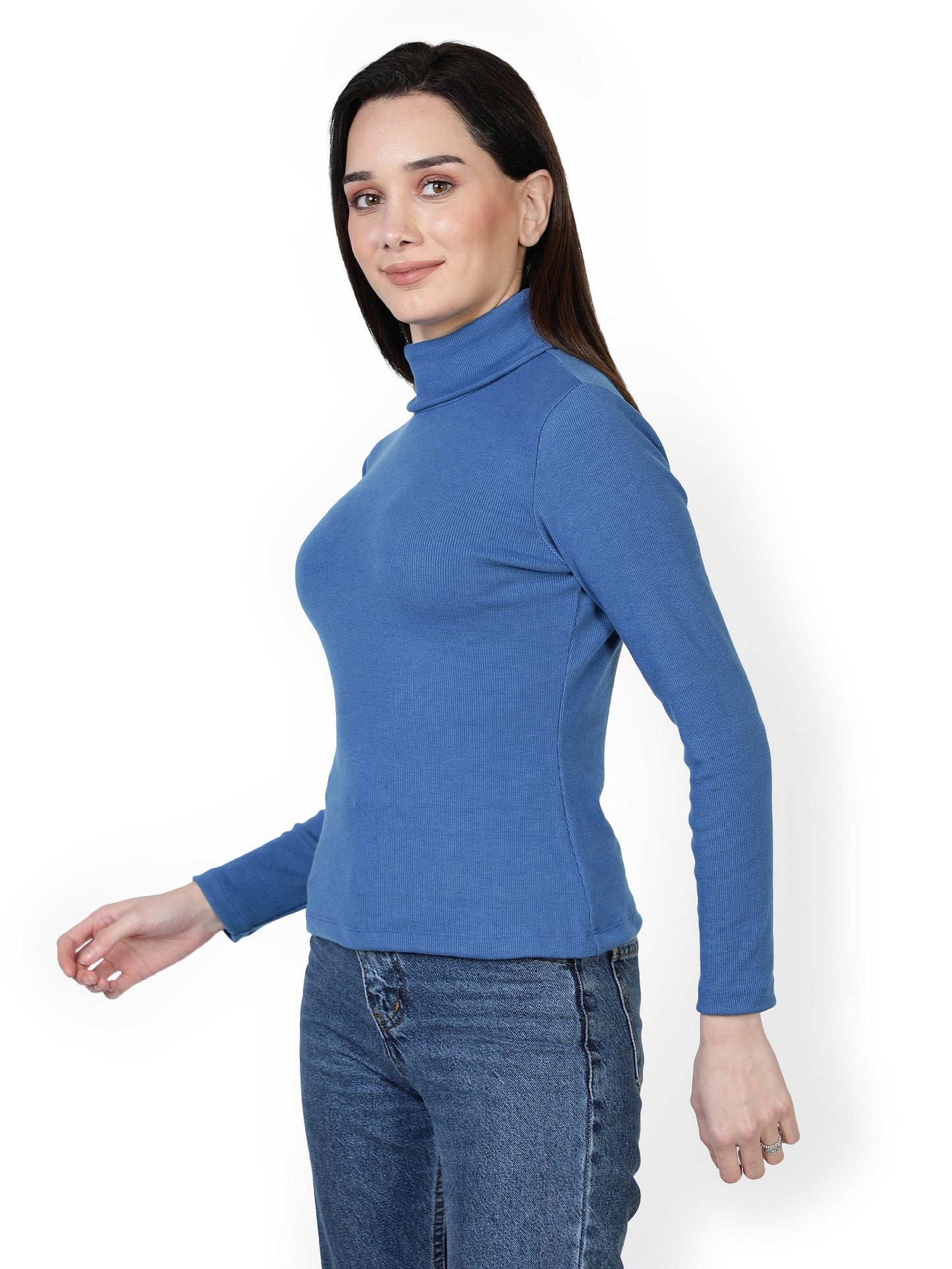 Women Roll-Up Ribbed Solid Blue High Neck Tops Turtle Neck Top for Women