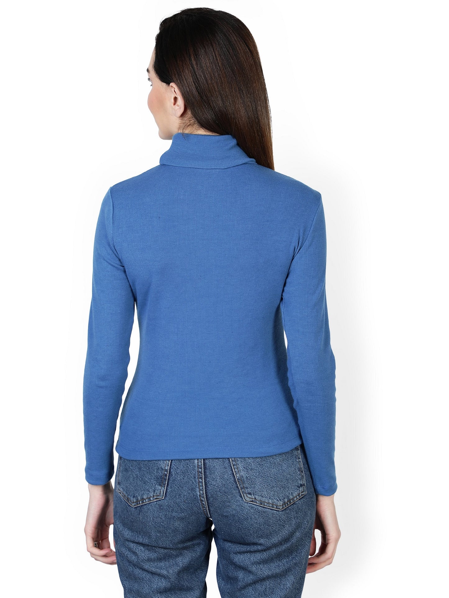 Women Roll-Up Ribbed Solid Blue High Neck Tops Turtle Neck Top for Women