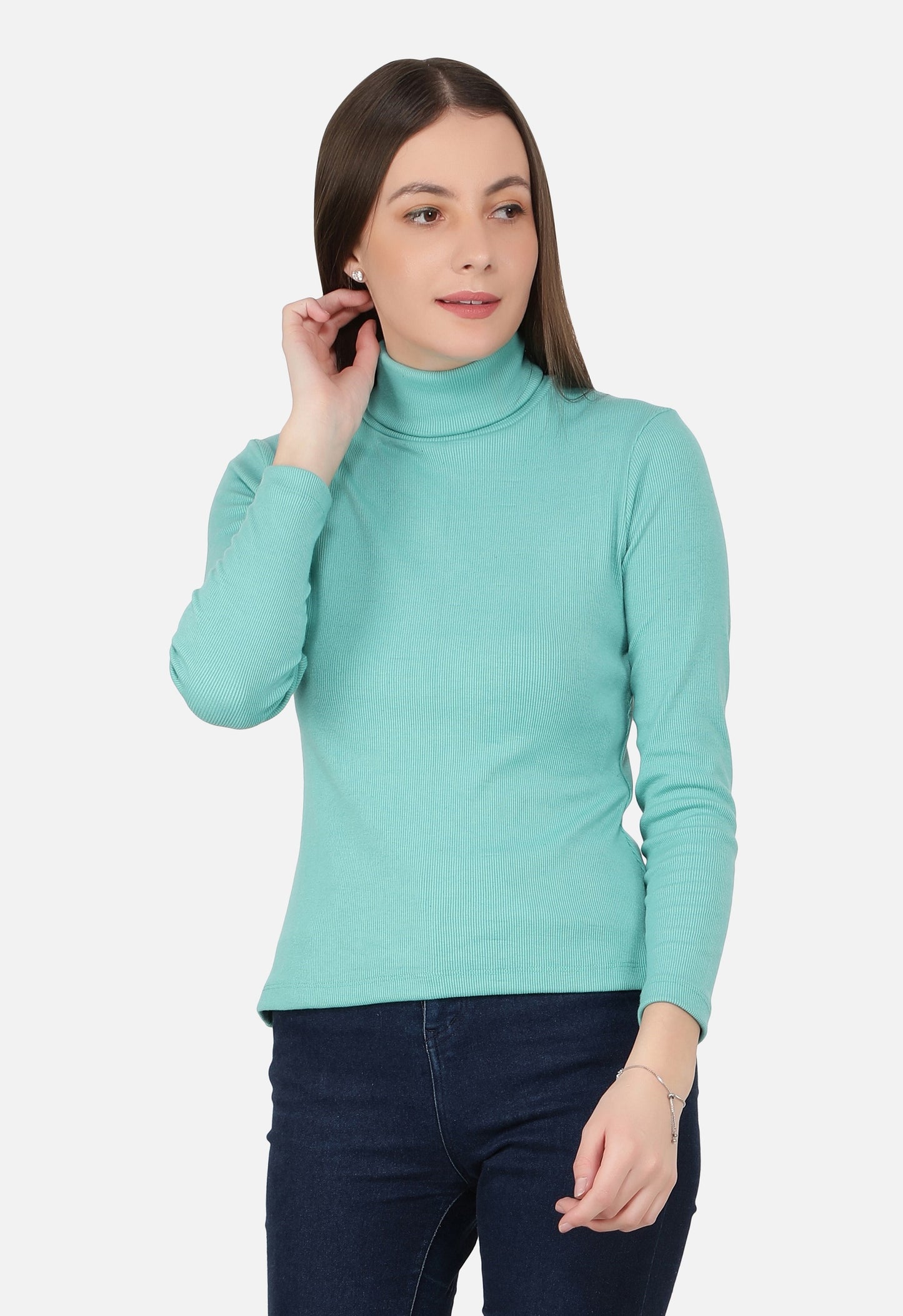 Women Roll-Up Ribbed Solid Aqua High Neck Tops Turtle Neck Top for Women