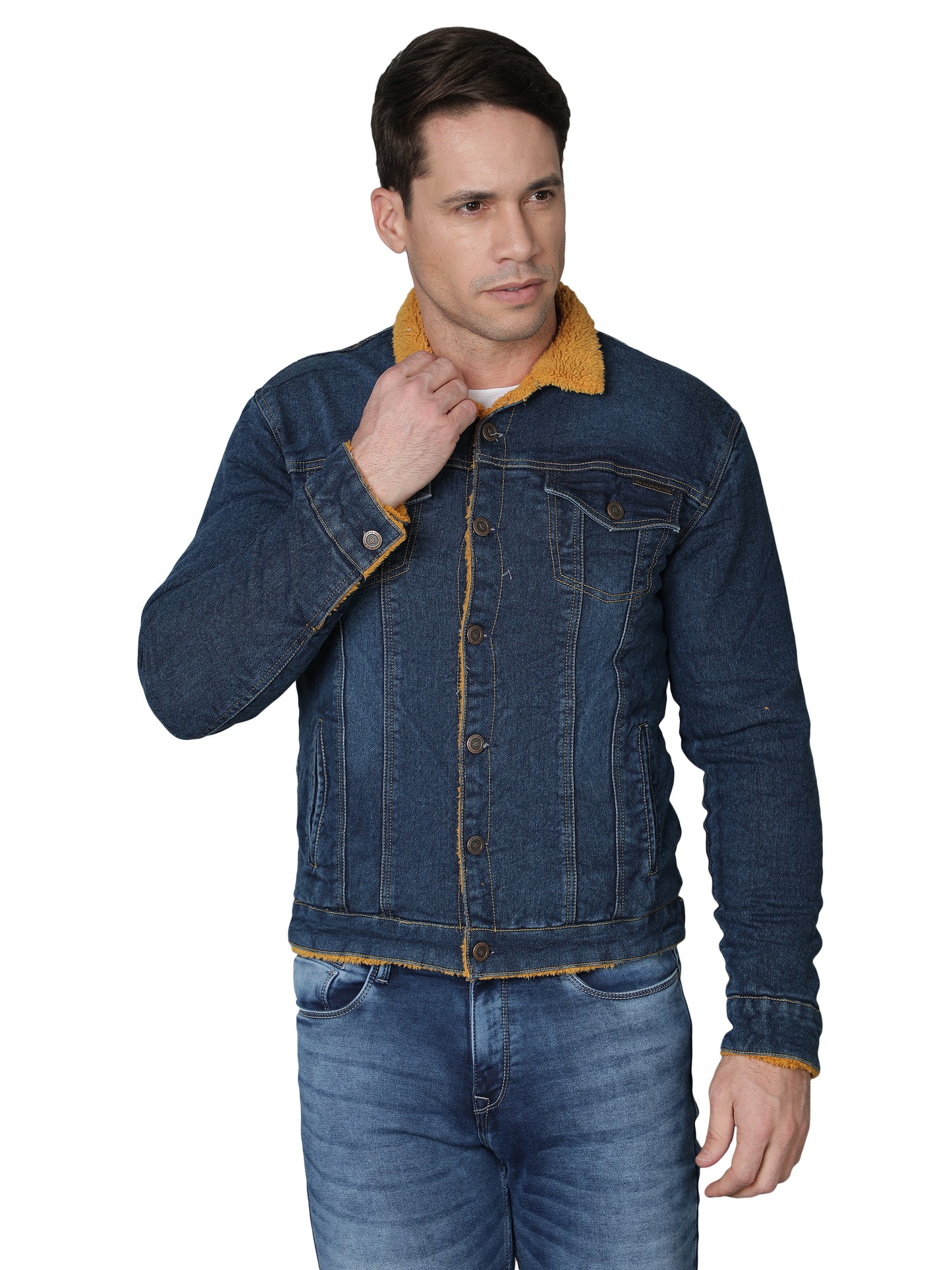 NUEVOSPORTA Men's Winter Wear Faux Fur Dark Blue Denim Jacket