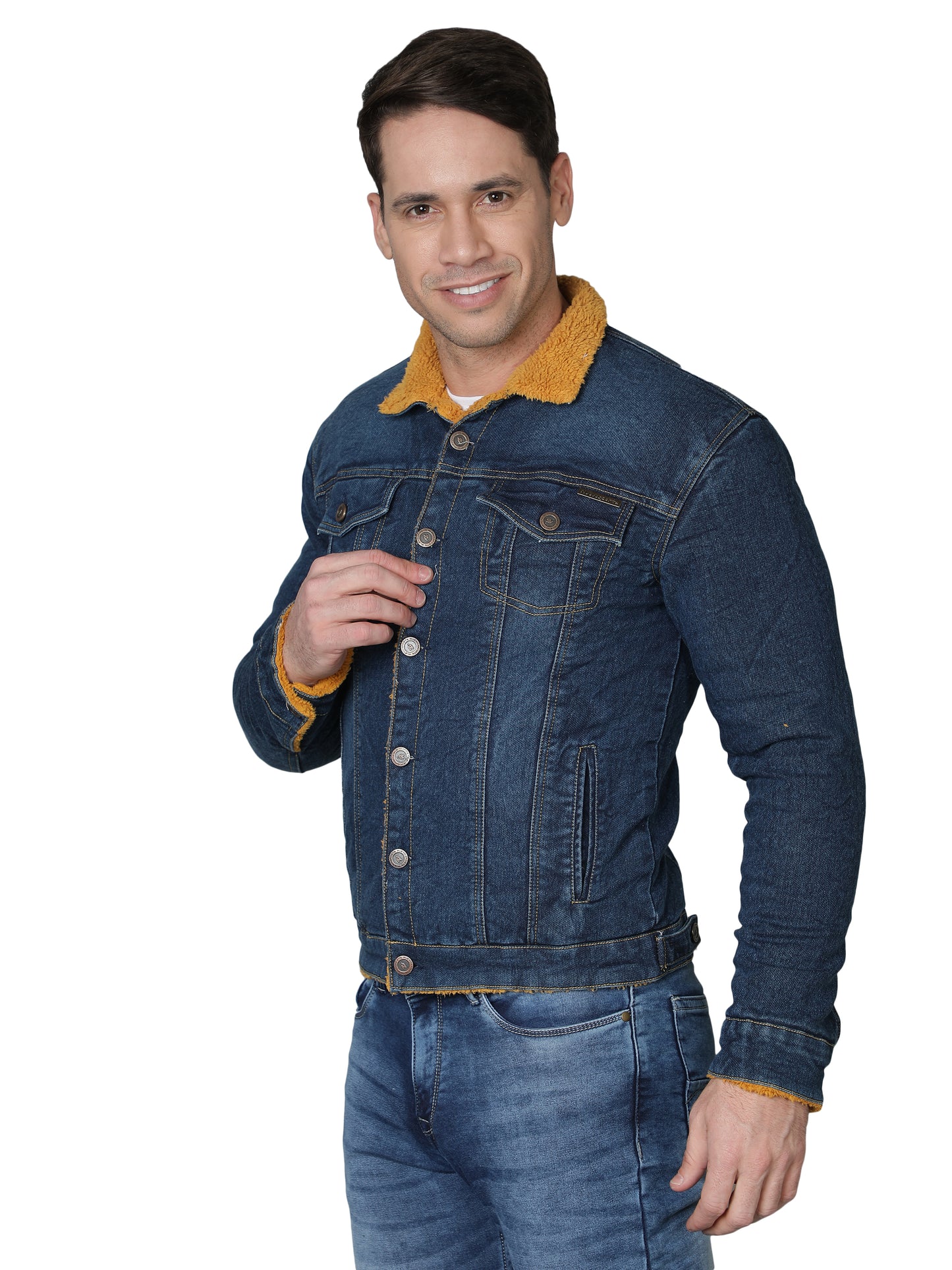 NUEVOSPORTA Men's Winter Wear Faux Fur Dark Blue Denim Jacket