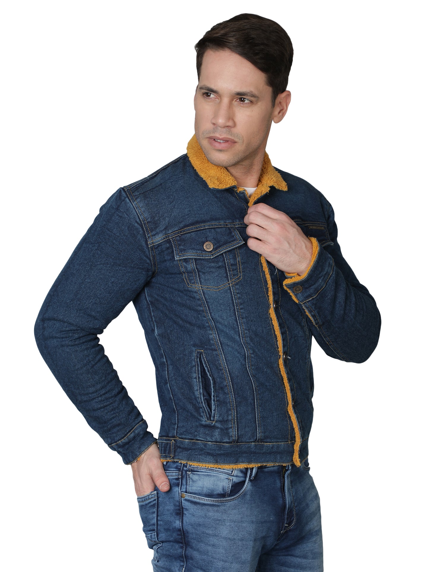 NUEVOSPORTA Men's Winter Wear Faux Fur Dark Blue Denim Jacket