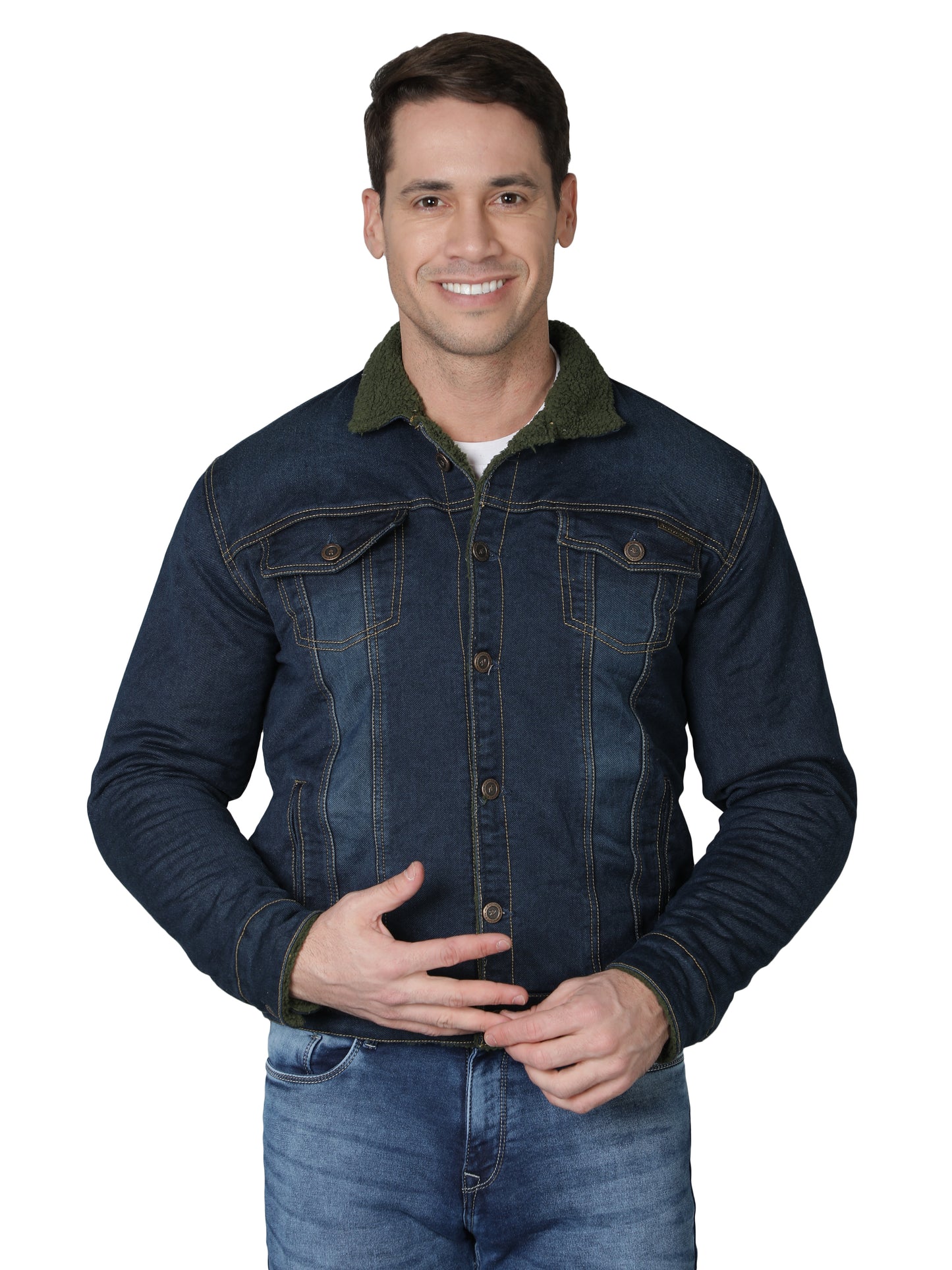 NUEVOSPORTA Men's Winter Wear Faux Fur Blue Denim Jacket