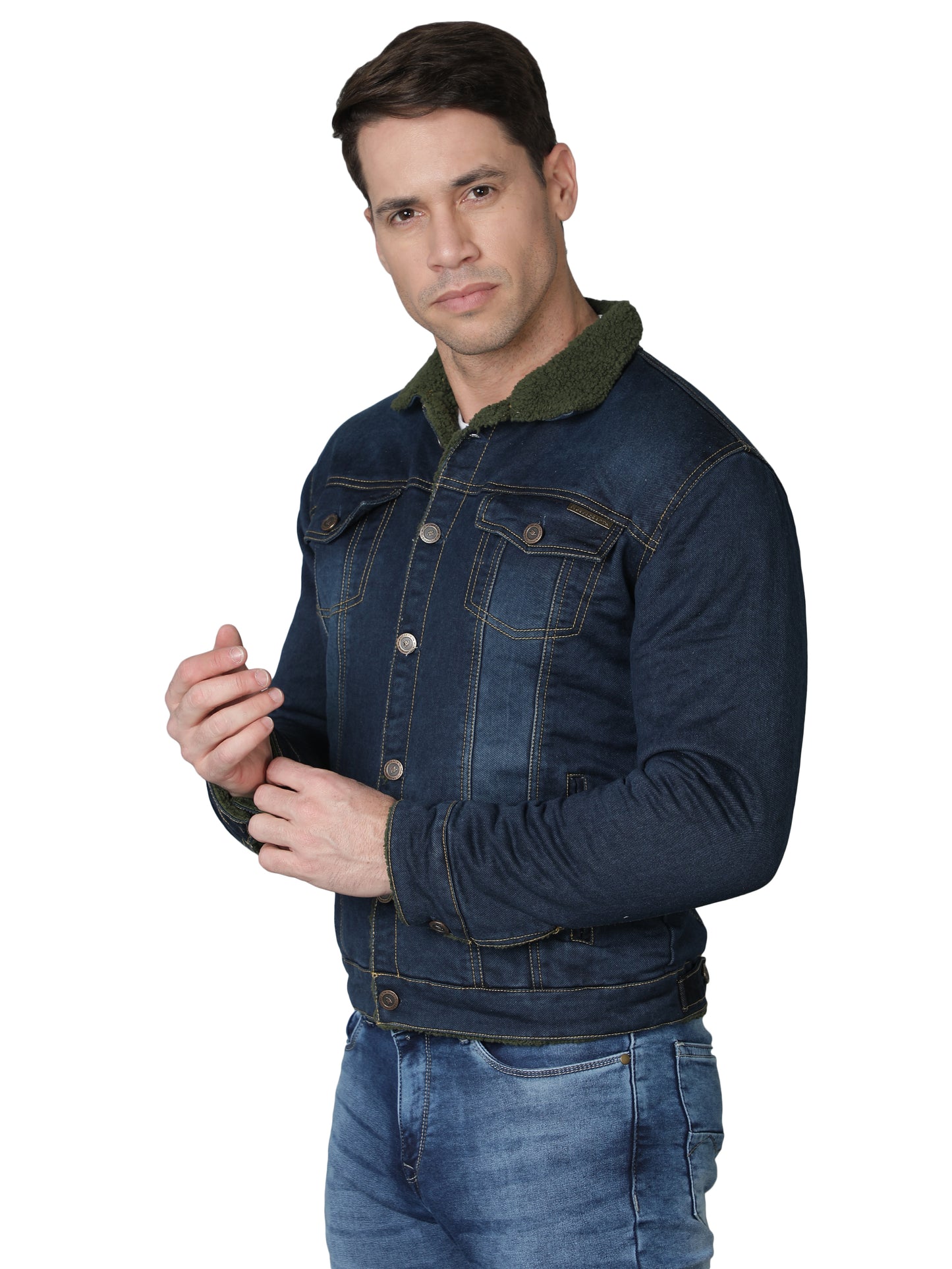 NUEVOSPORTA Men's Winter Wear Faux Fur Blue Denim Jacket