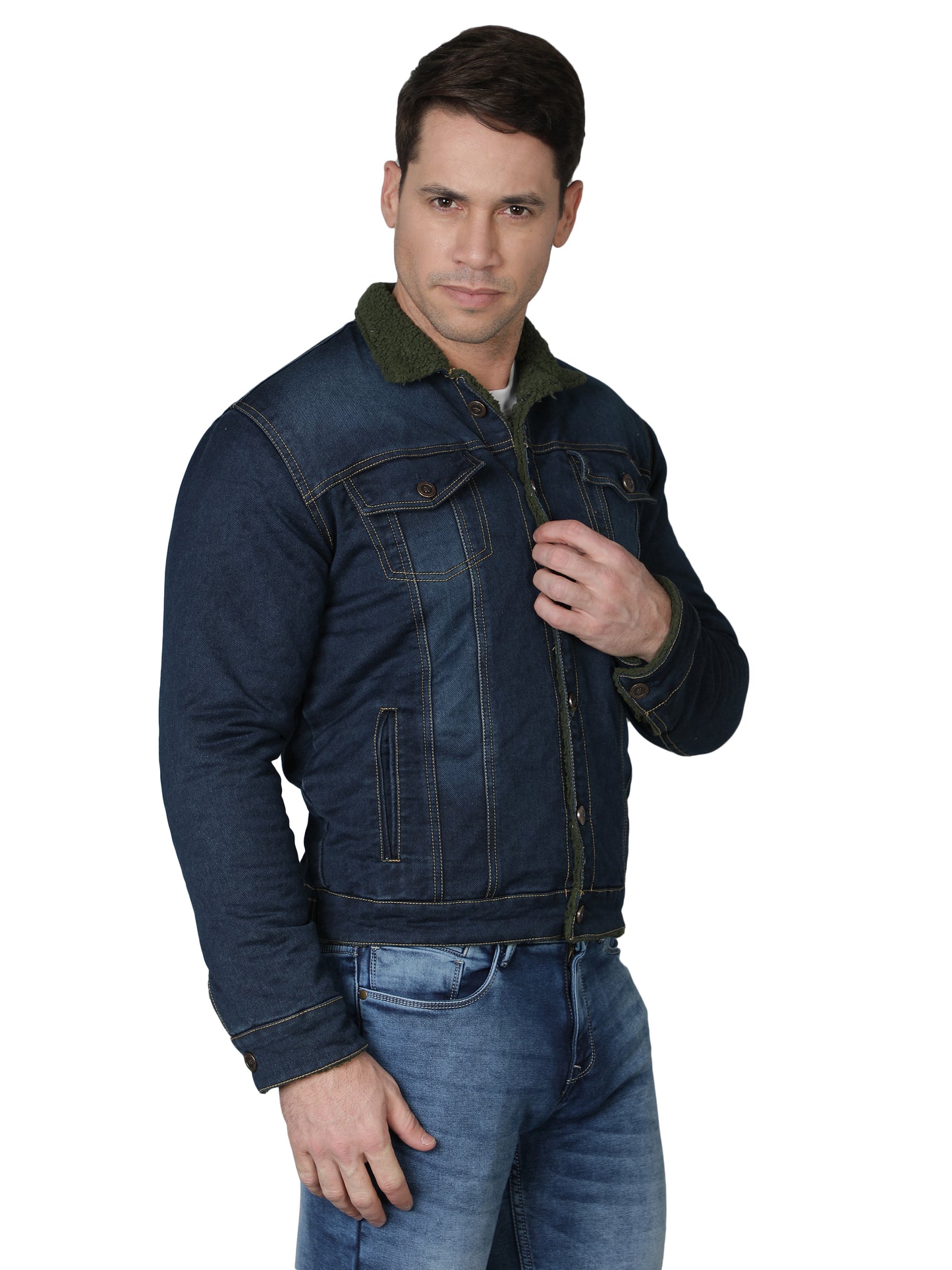 NUEVOSPORTA Men's Winter Wear Faux Fur Blue Denim Jacket