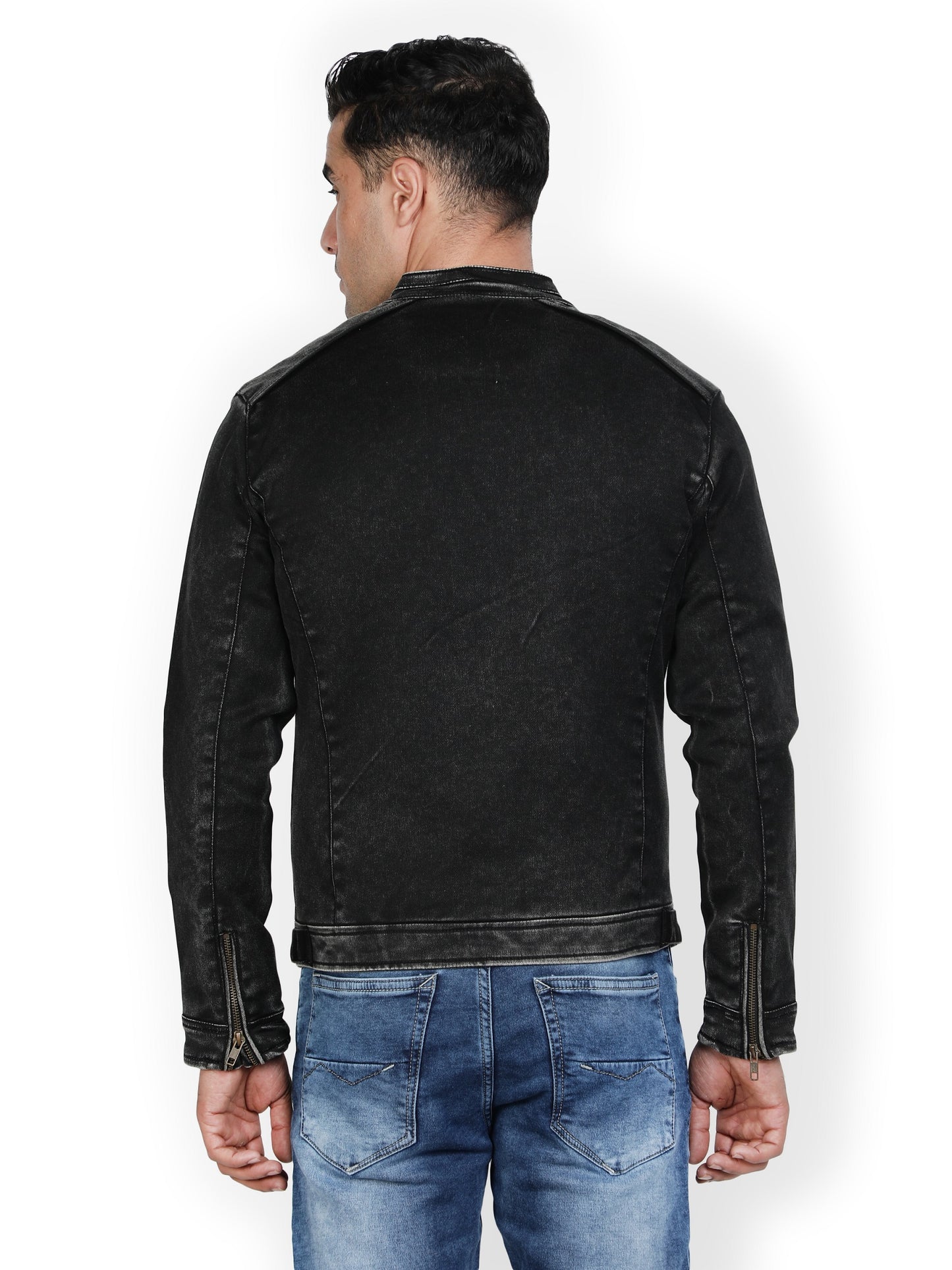 NUEVOSPORTA Men's Solid Black Denim Biker Jacket