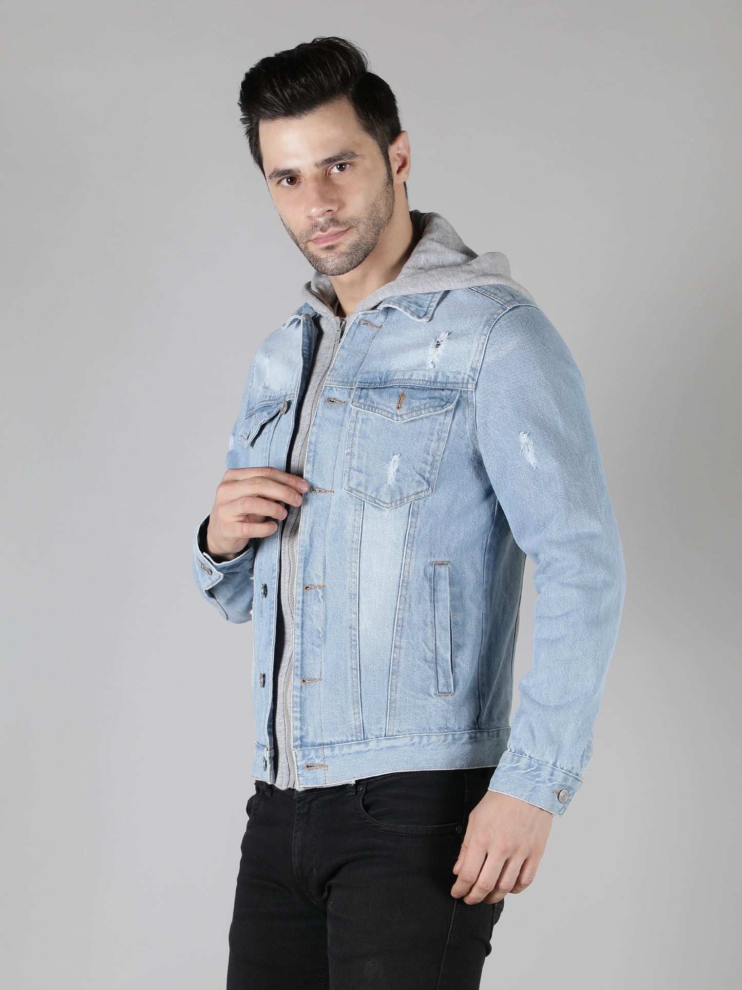 NUEVOSPORTA Men's Blue Denim Jacket With Hooded Grey Terry