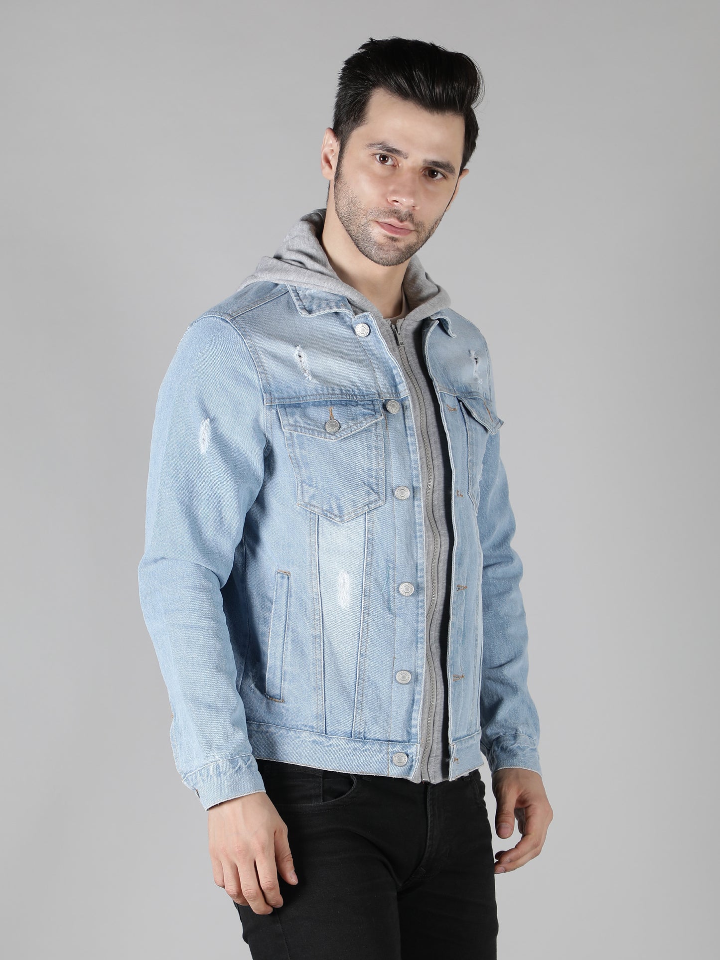NUEVOSPORTA Men's Blue Denim Jacket With Hooded Grey Terry