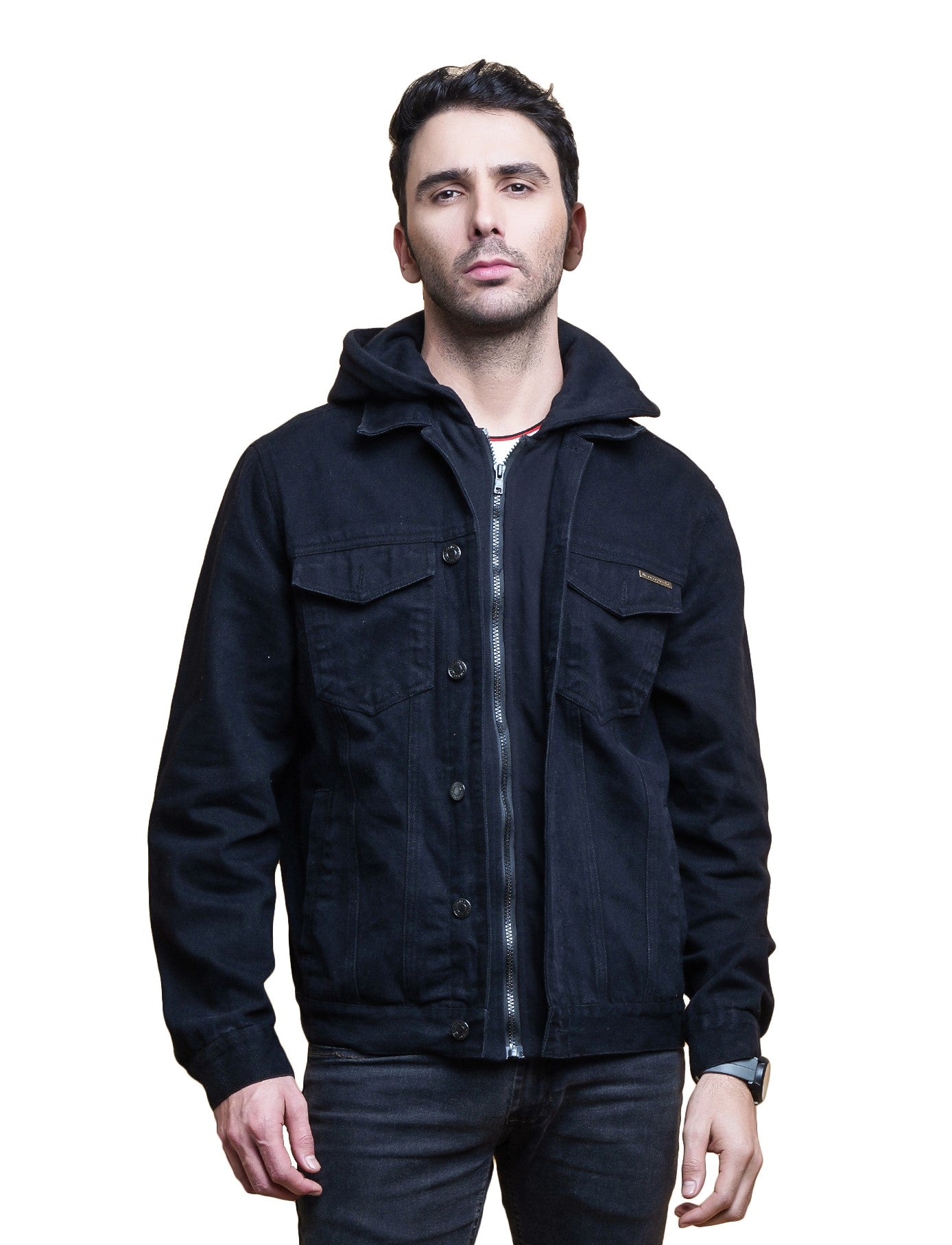 NUEVOSPORTA Denim Jacket with Hooded Blackberry for Men | Black