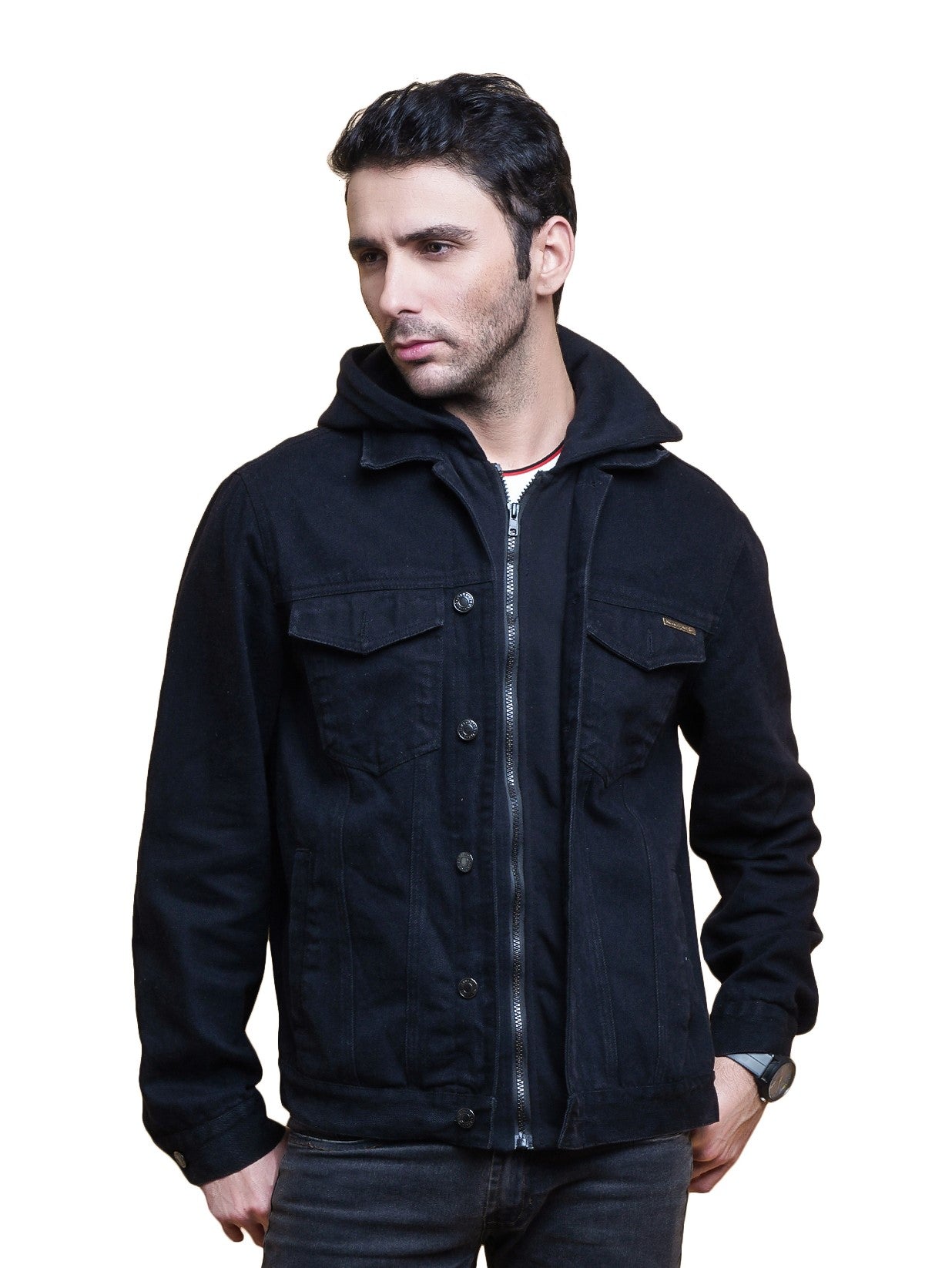 NUEVOSPORTA Denim Jacket with Hooded Blackberry for Men | Black