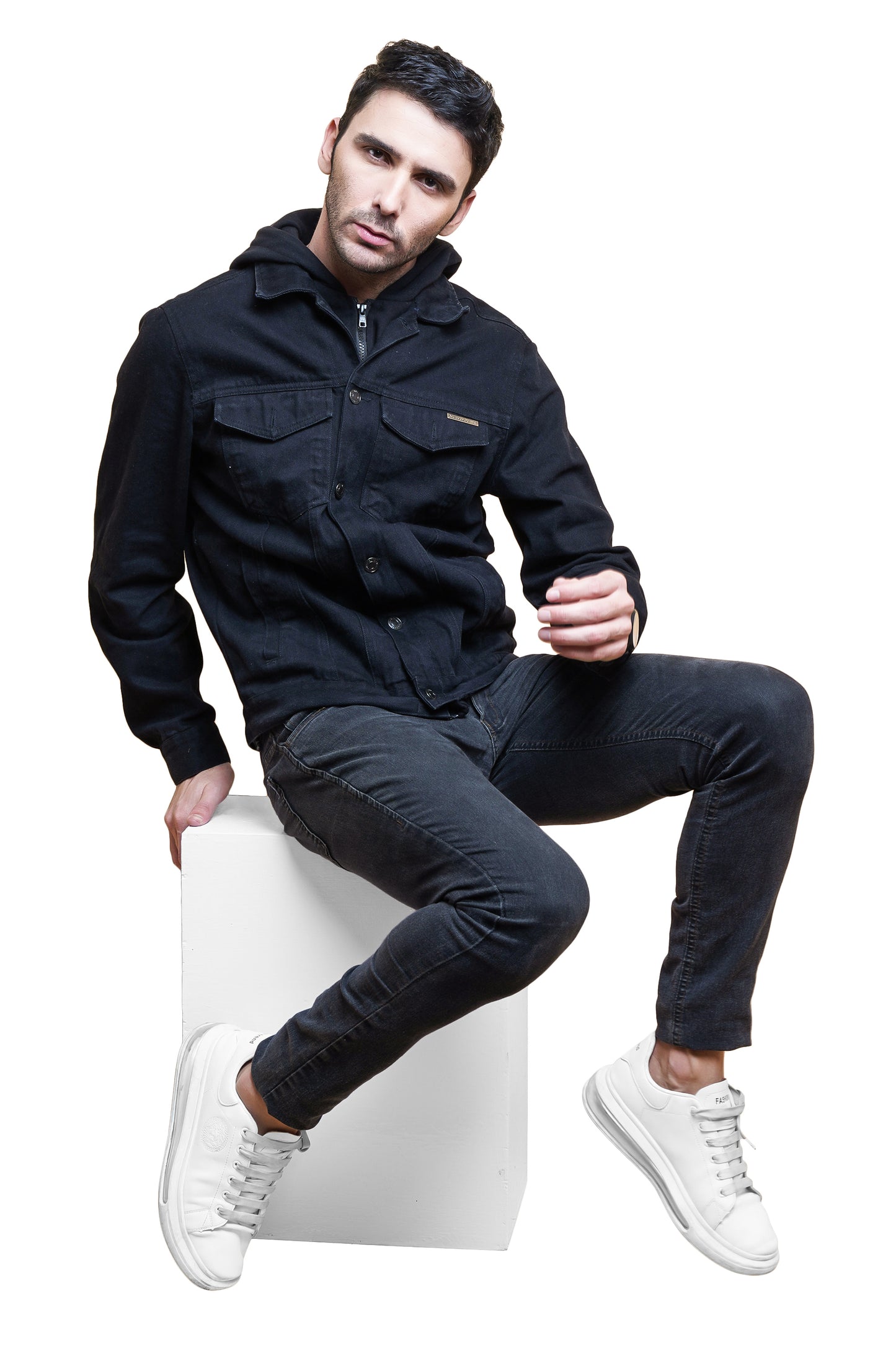 NUEVOSPORTA Denim Jacket with Hooded Blackberry for Men | Black