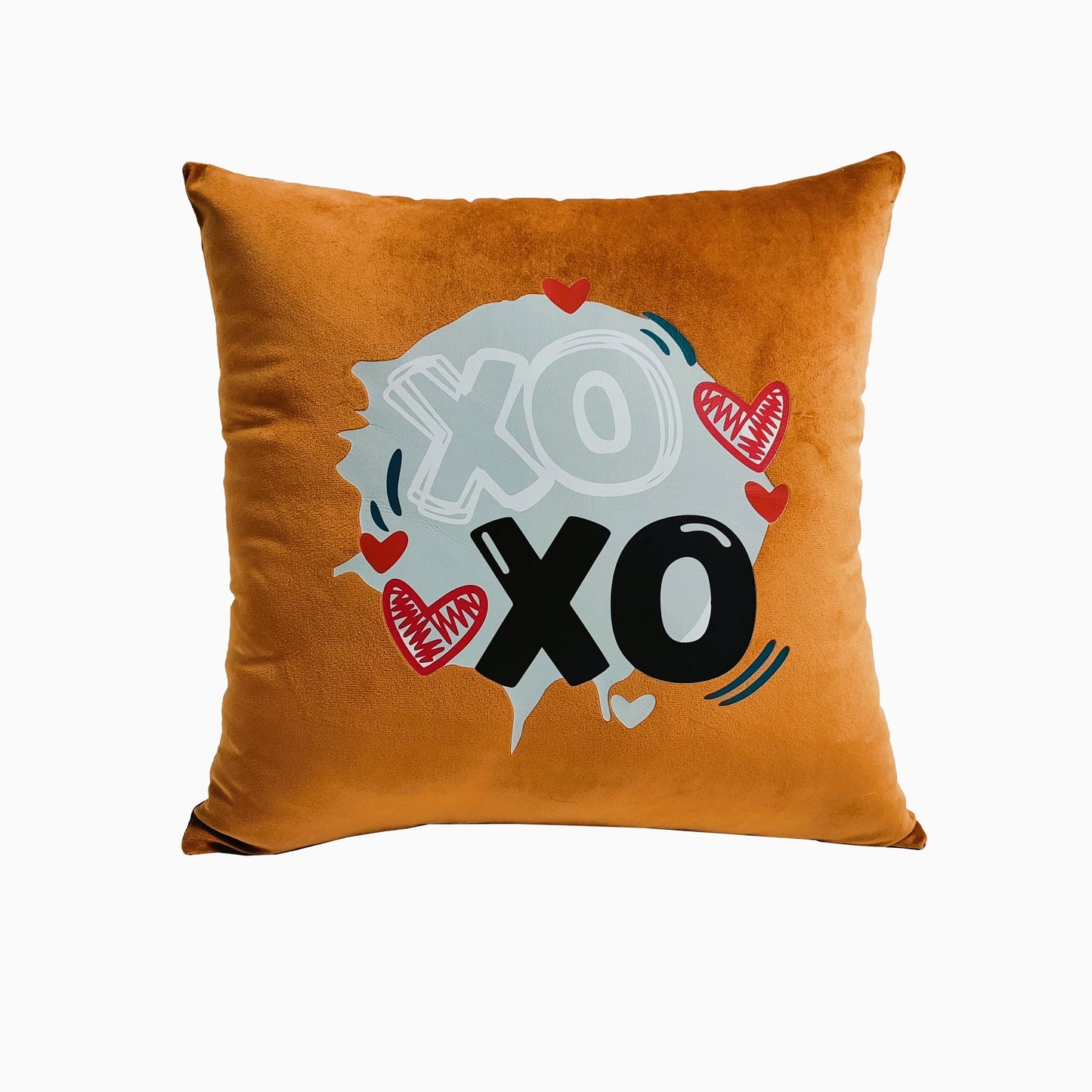 Valentine's Day Velvet Printed Cushion | XOXO Printed Cushion Gift | Valentine Gift for Boyfriend Girlfriend | Couples Gift for Him / Her |16x16 Inch_ Mustard