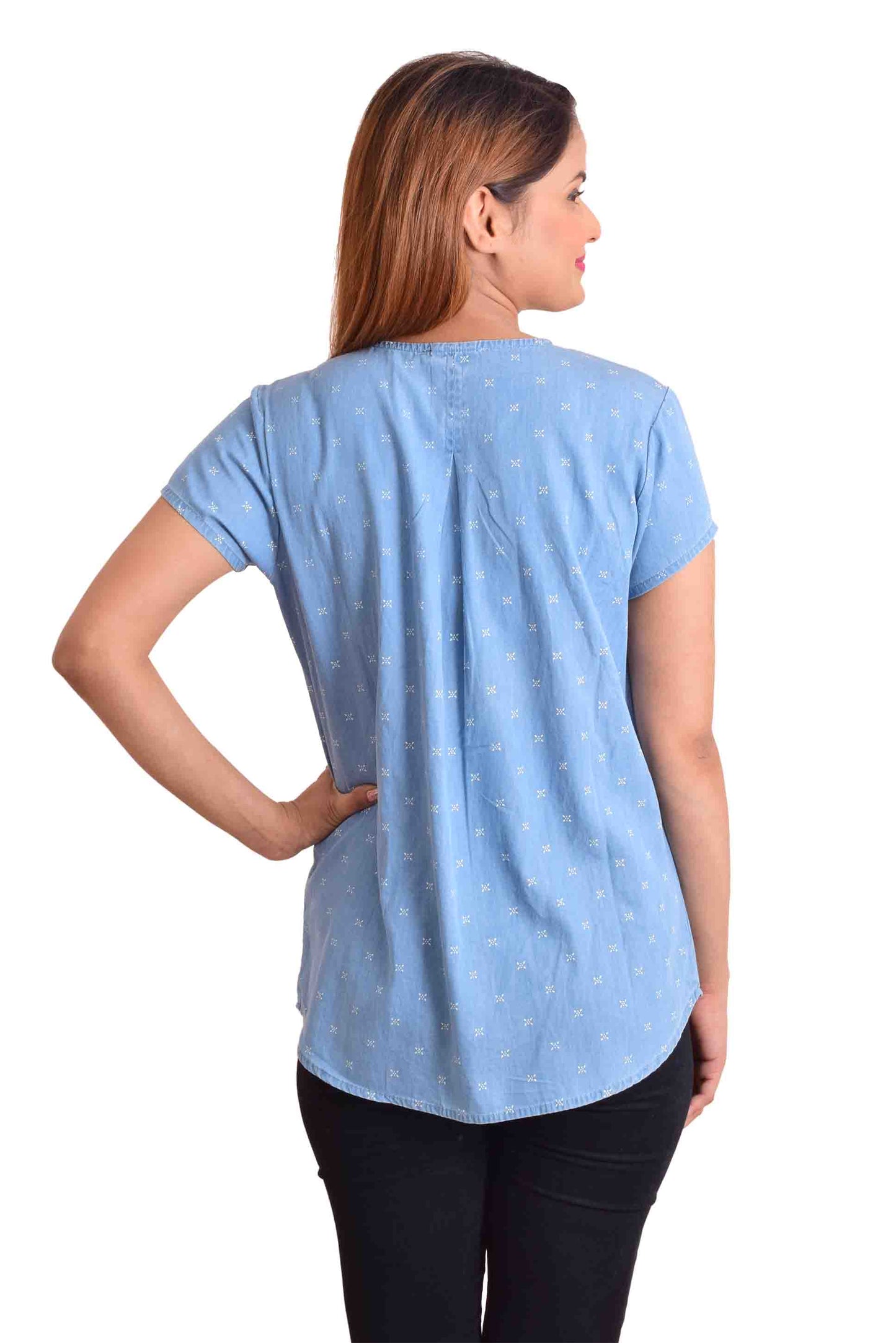 NUEVOSDAMAS Women Denim Solid Blue Western Top
