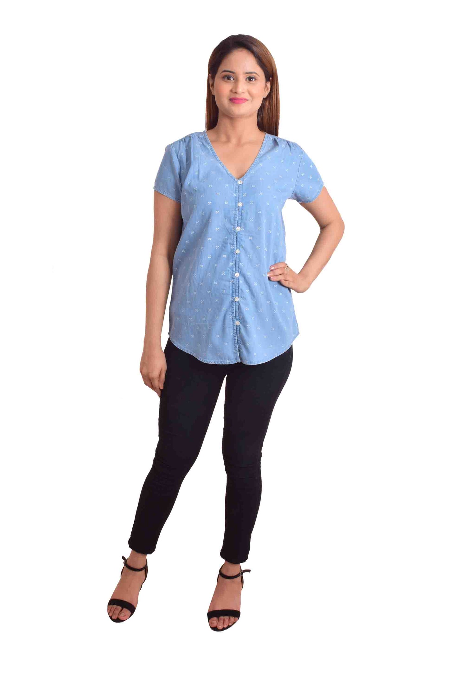 NUEVOSDAMAS Women Denim Solid Blue Western Top