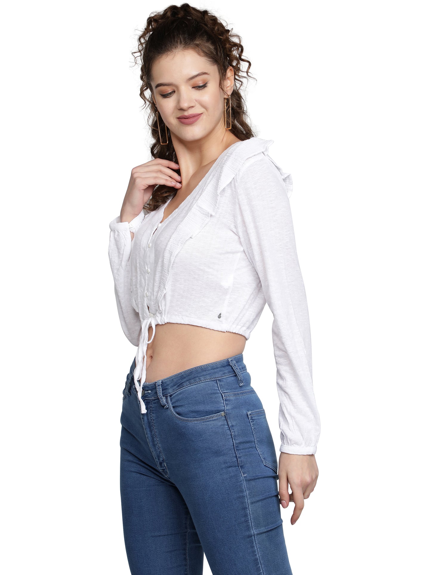 Casual Balloon Sleeve Solid Women White Top